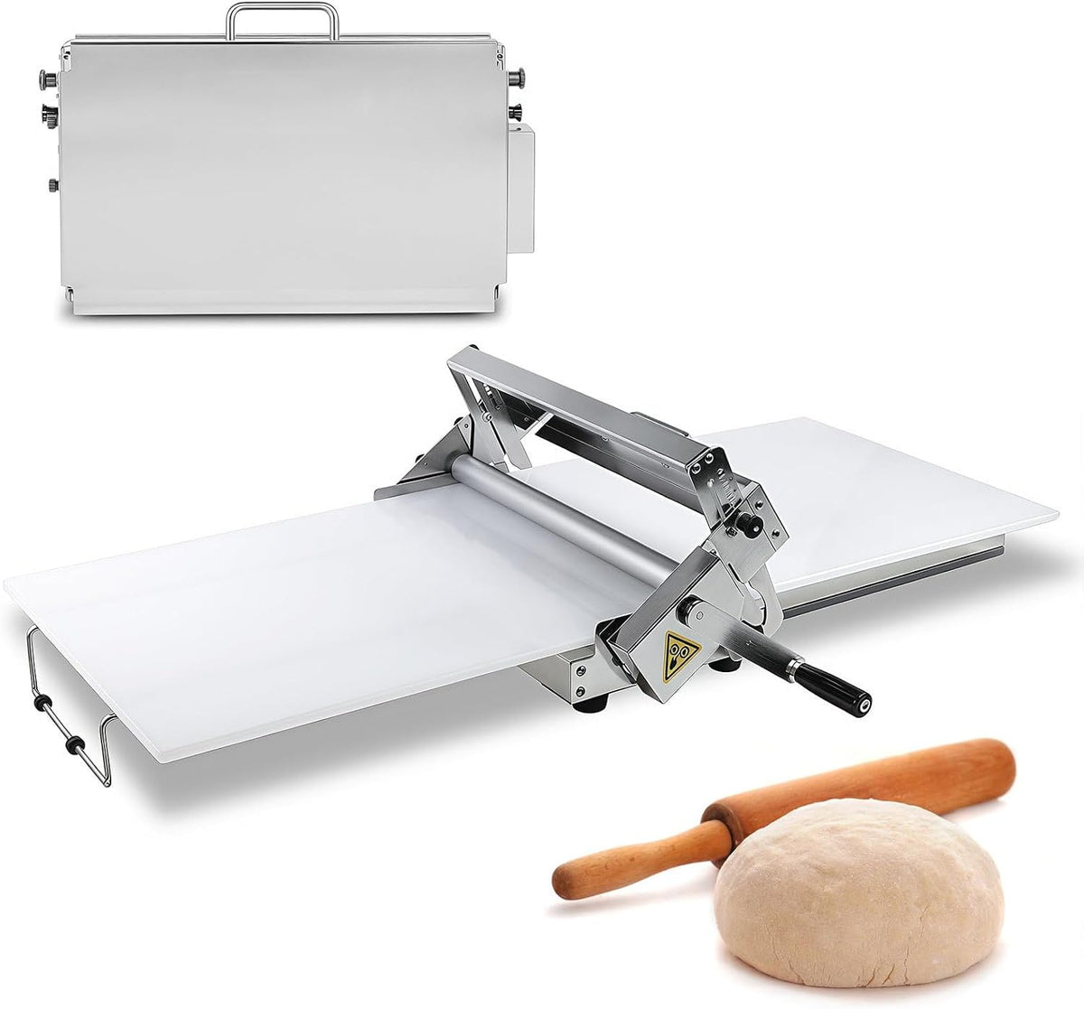 Manueller Gebäckpresse, Silber/Weiß, Teigbreiter, faltbarer Edelstahl-Teigwalze mit einstellbarer Dicke, Pizza und Fondant