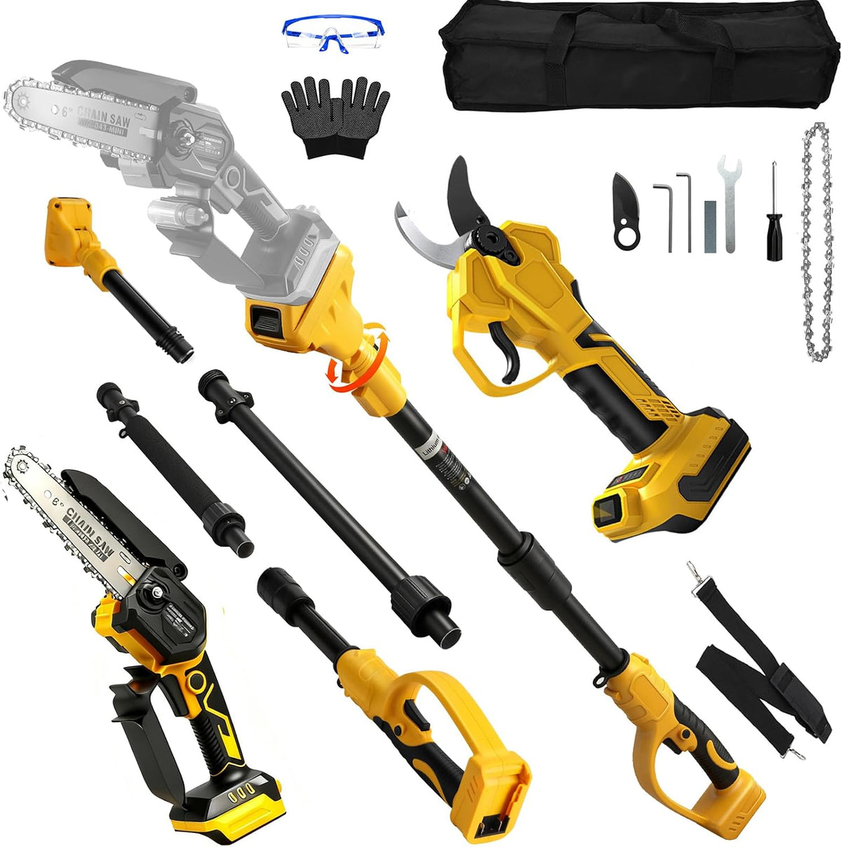 panthem Kettensäge, 6 Zoll, 45 mm, 20 V, 18 V, Gelb/Schwarz, 4 in 1 Akku Hochentaster Mini baumsäge kompatibel mit Dewalt