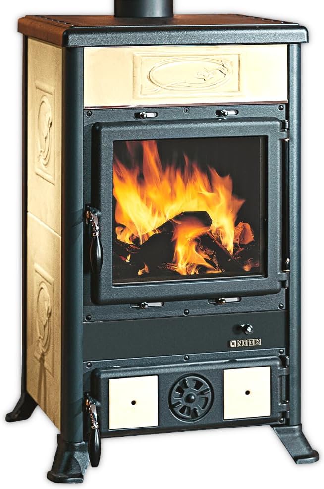 La Nordica Kaminofen, 9,0 kW, Schwarz/Beige, Holzofen, ROSSELLA R1.16 CERAMICA, Liberty Panna