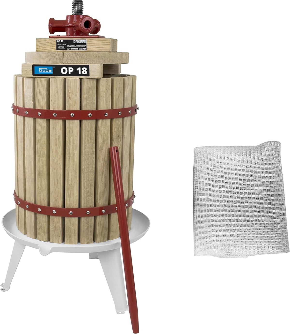 Güde Saft- & Zitruspressen, 18 Liter, Holz/Rot/Weiß, 30005 Obstpresse OP 18 (Saftpresse und Beerenpresse, mechanische Presse inklusive Pressnetz
