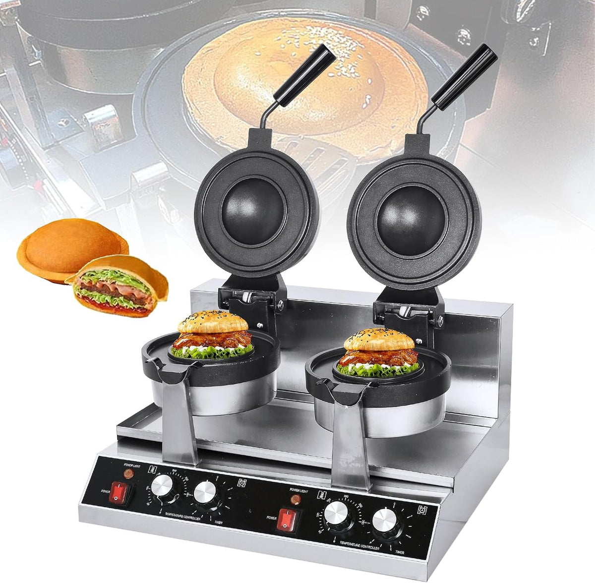 Zertylre Sandwich- & Paninitoaster, 2600w, Silber/Schwarz, Kommerzielle Doppelkopf-Edelstahl-Burger-Maschine, Antihaft-Hitze-Presse-Maschine