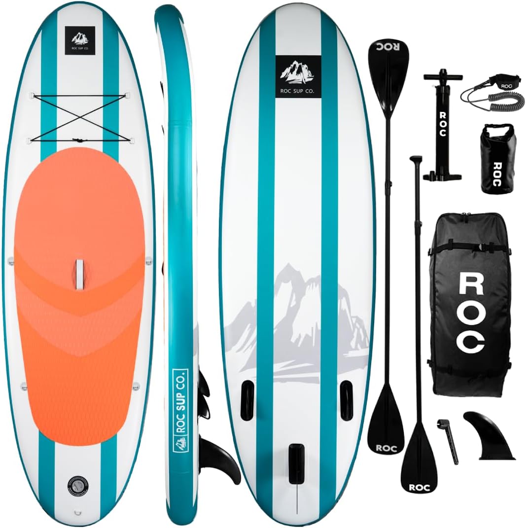 Roc SUP-Board, Weiß/Blau/Orange/Schwarz, Aufblasbare Stand Up Paddle Boards mit Premium SUP Paddle, Breit Stabiles Design