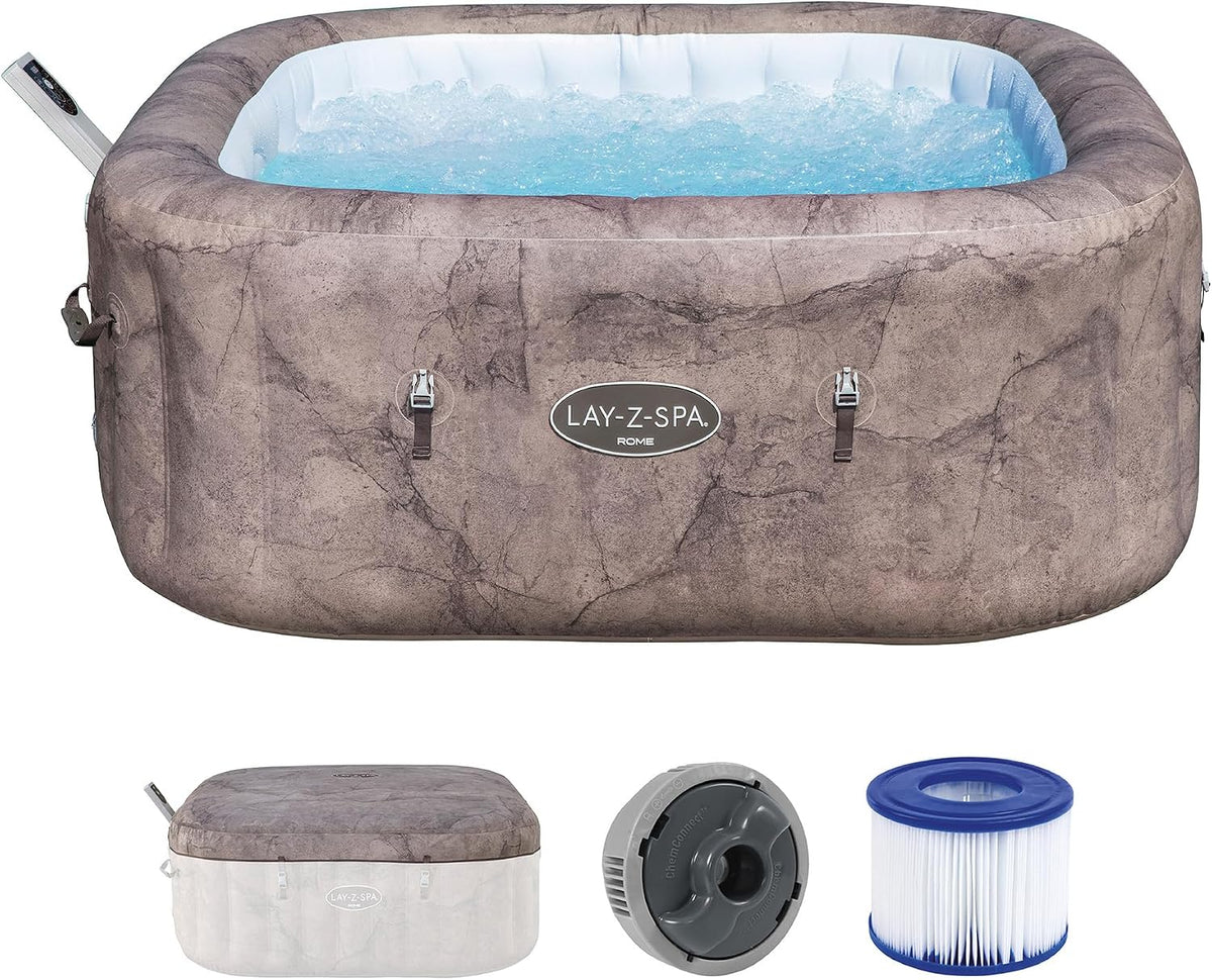 Bestway Aufblasbare Pools, 180 x 180 x 71 cm, Braun/Weiß, ® Lay-Z-SPA® Energiespar-Whirlpool Rome AirJet™ mit, für 6 Personen