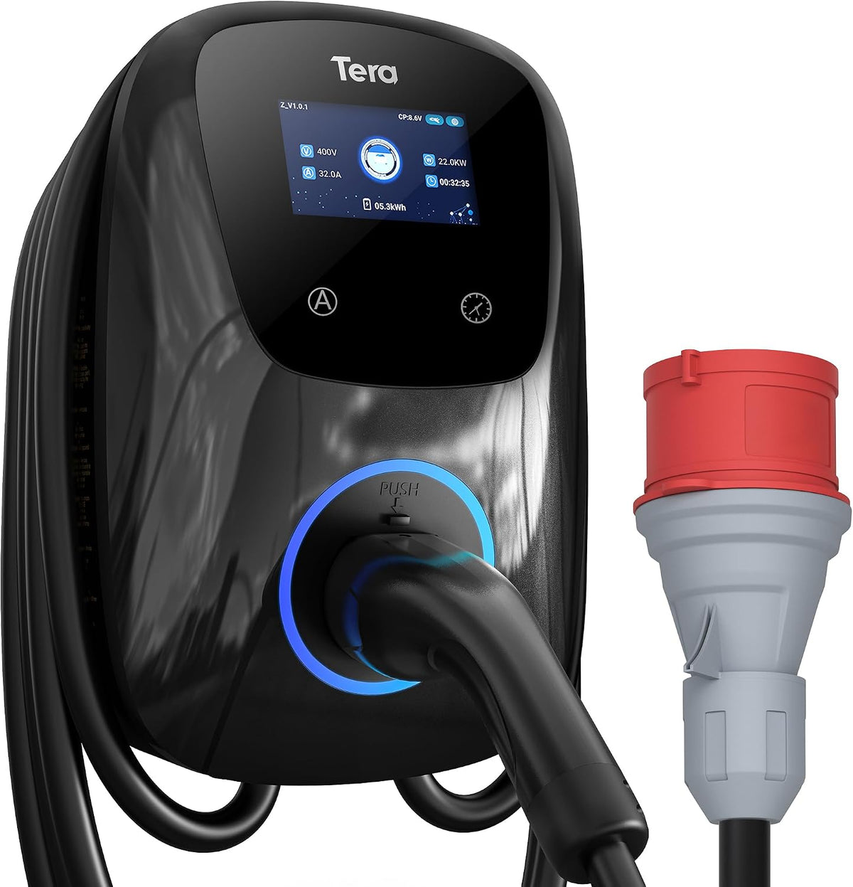 Tera Ladestationen, 22 kW, 11 kW, 400 V, 7m, Schwarz/Rot/Grau, EV Ladegerät Smart APP mit 32A Typ 2 oder Heim Ladestation