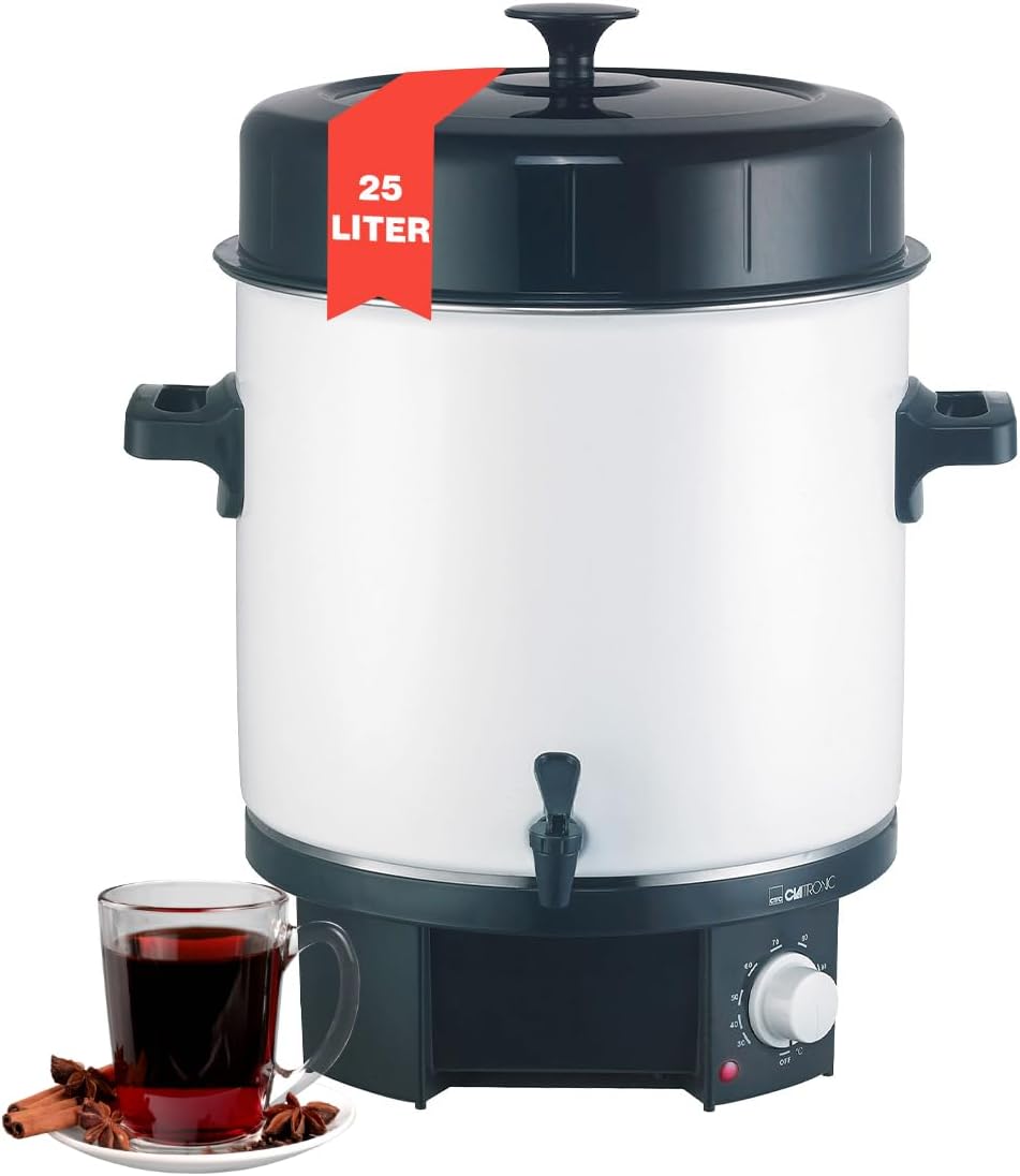 Clatronic Einkochautomaten, 1800 W, 25 L, Weiß/Schwarz, ® 2in1 Heißgetränke- & Einkochautomat mit Tankinhalt, Einkochtopf für z.B. Glühwein oder