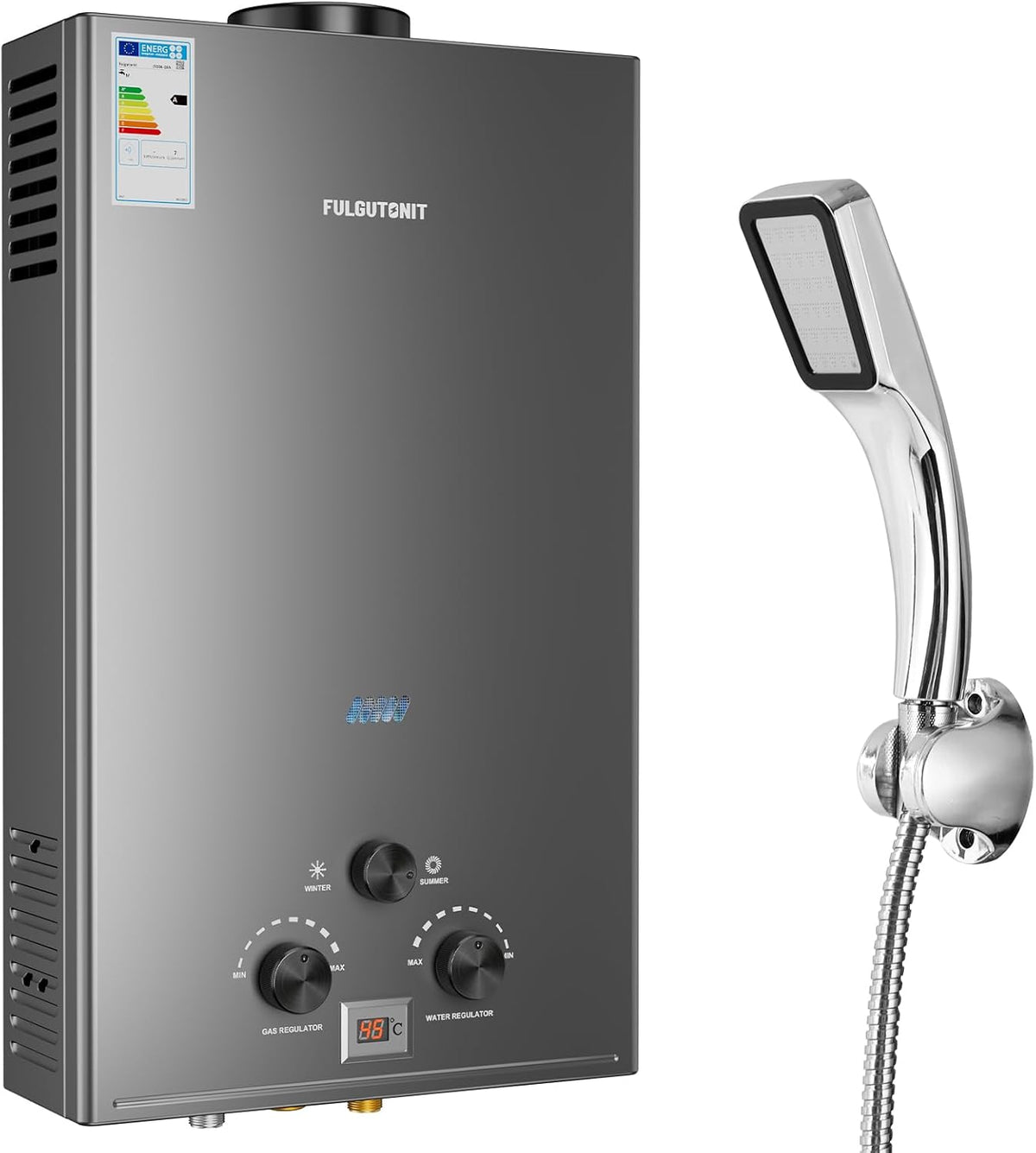Fulgutonit Gasdurchlauferhitzer, 18 L, Silber/Chrom, mit Druckdusche, LPG Propan Butan Gas Durchlauferhitzer Passend für Zuhause