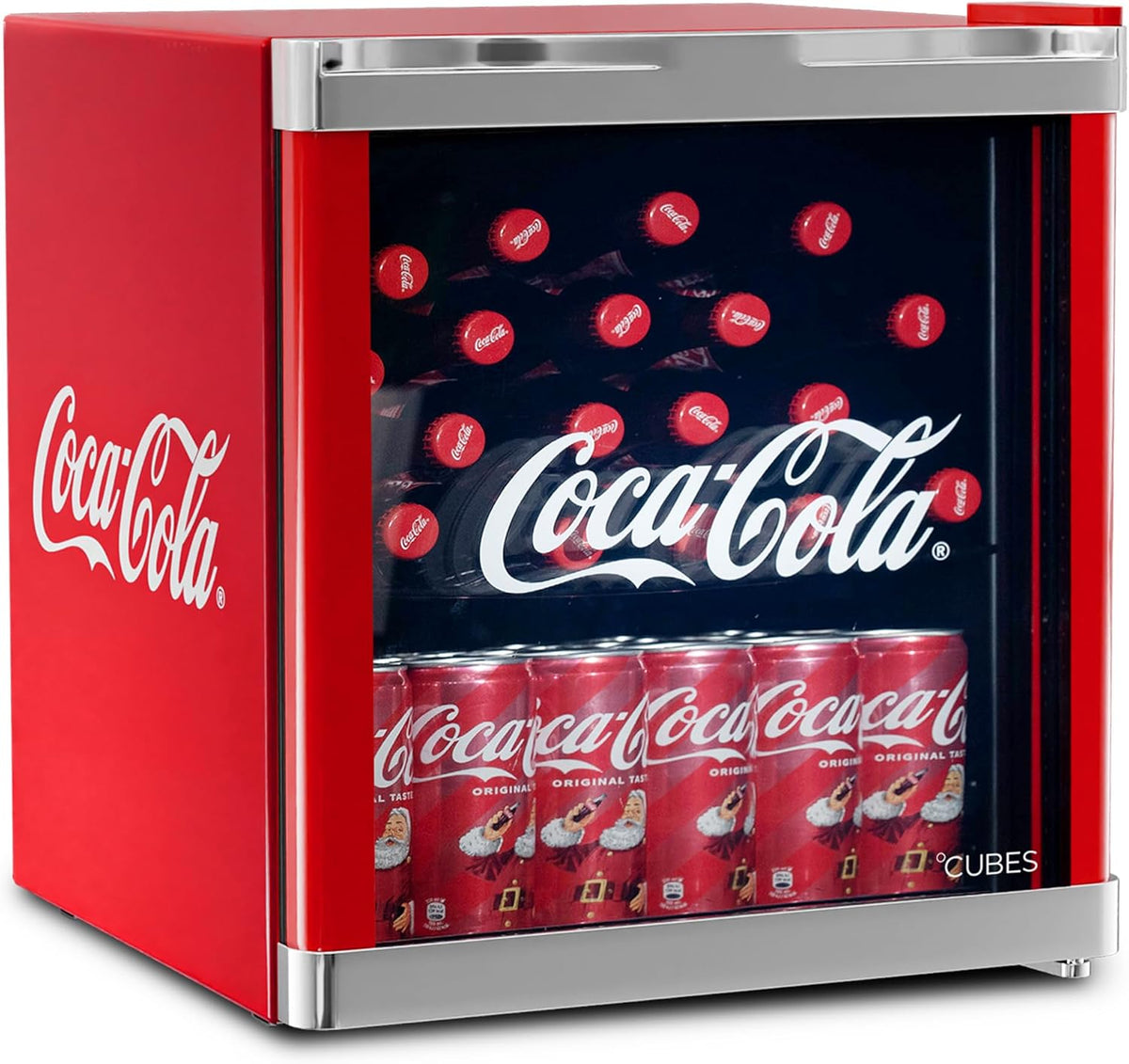 °CUBES Mini-Kühlschrank, 48 L, Rot/Silber, Original Coca-Cola Mini Kühlschrank Rot -, leise & energieeffizient - Für Büro