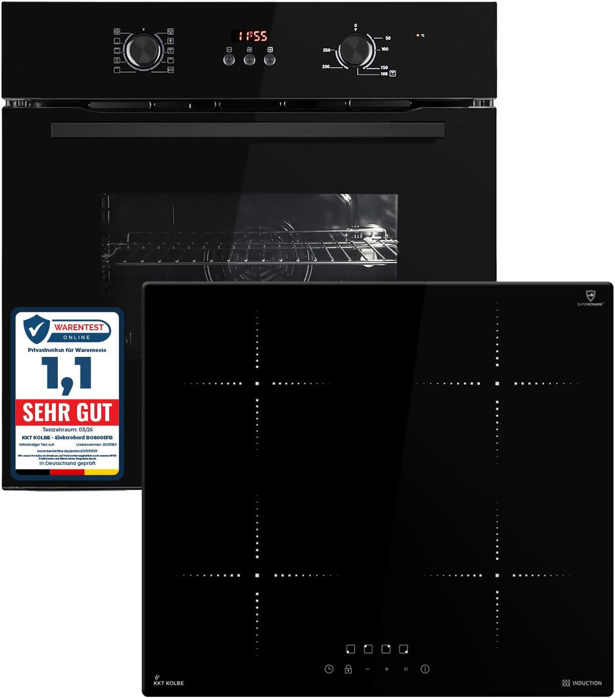 KKT KOLBE Backofen, 7000 W, 60 cm, 59 cm, Schwarz, Autarkes Herdset, Einbau BO8005FB, Induktionskochfeld IH85900RL
