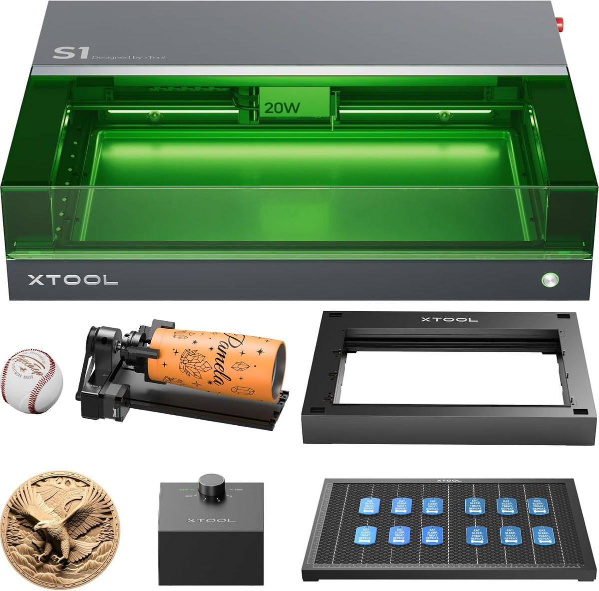 xTool Kamera, 600 mm, 333 mm, 20 W, Grau/Grün/Schwarz/Orange, S1 Laser Graviermaschine Deluxe Kit Geschlossene Sicherheit
