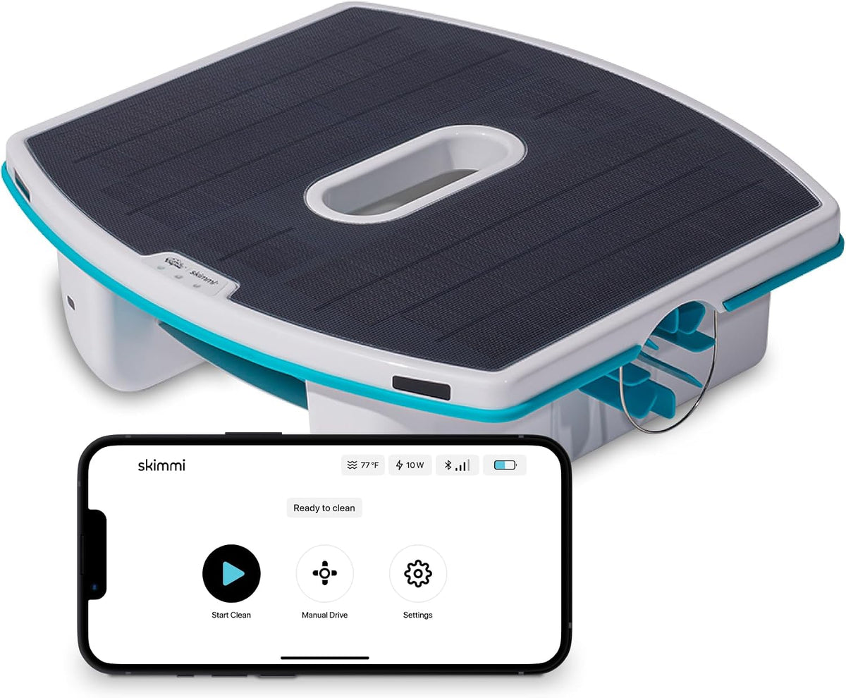 Dolphin Monitor, Schwarz/Weiß/Türkis, Skimmi Solar Pool Skimmer Bluetooth, Reinigung der Wasseroberfläche mit intelligenten Sensoren