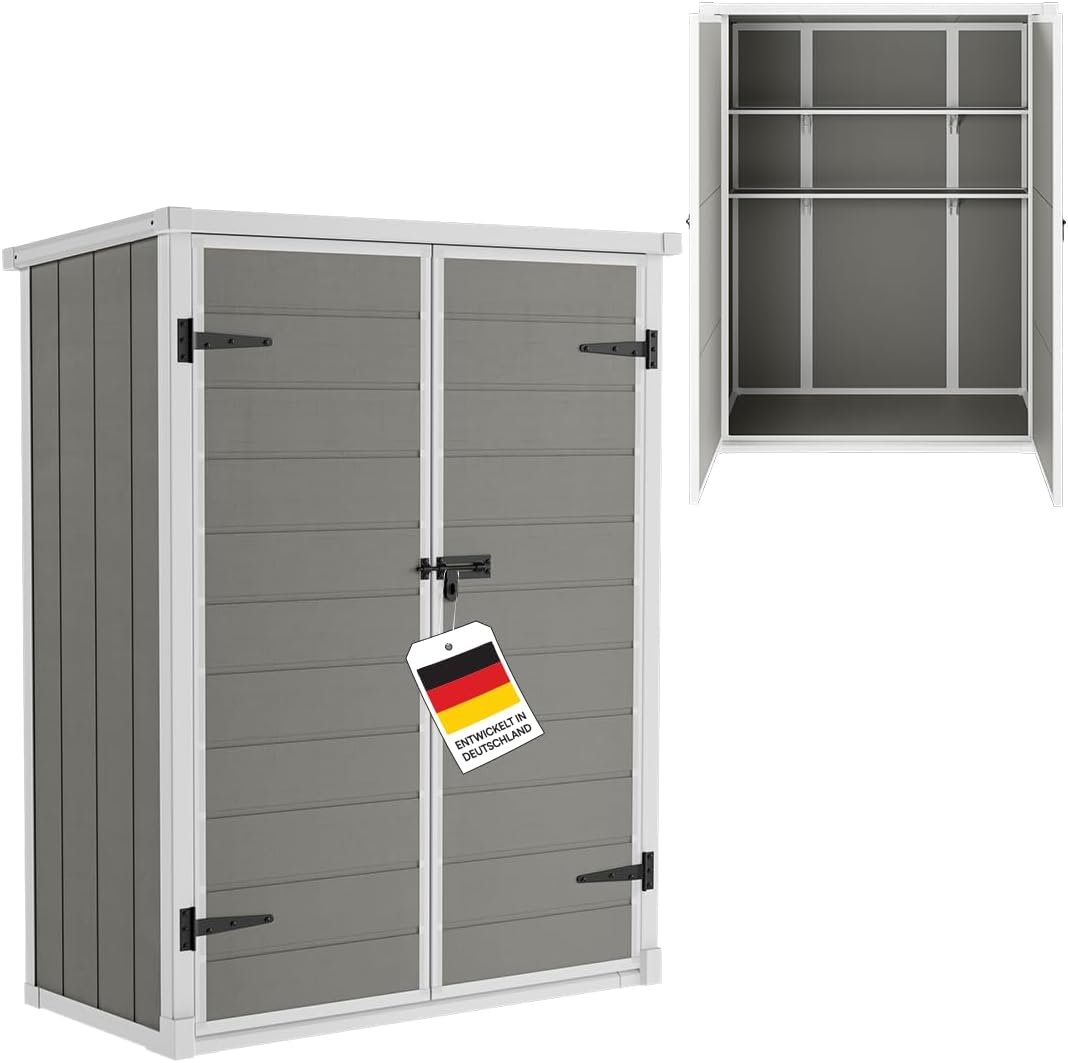 Gerätehaus STEELSØN, 170x68,5x134 cm, Kunststoff mit UV-Schutz, wartungsfrei, Grau/Weiß