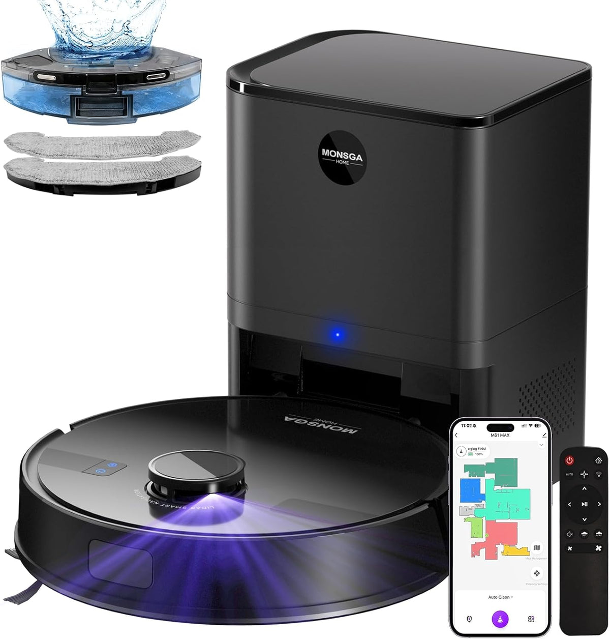 MONSGA Saugroboter, 3.5 L, schwarz, mit Wischfunktion, Staubsauger Roboter mit Absaugstation, 5000Pa Saugkraft, 180Min Laufzeit