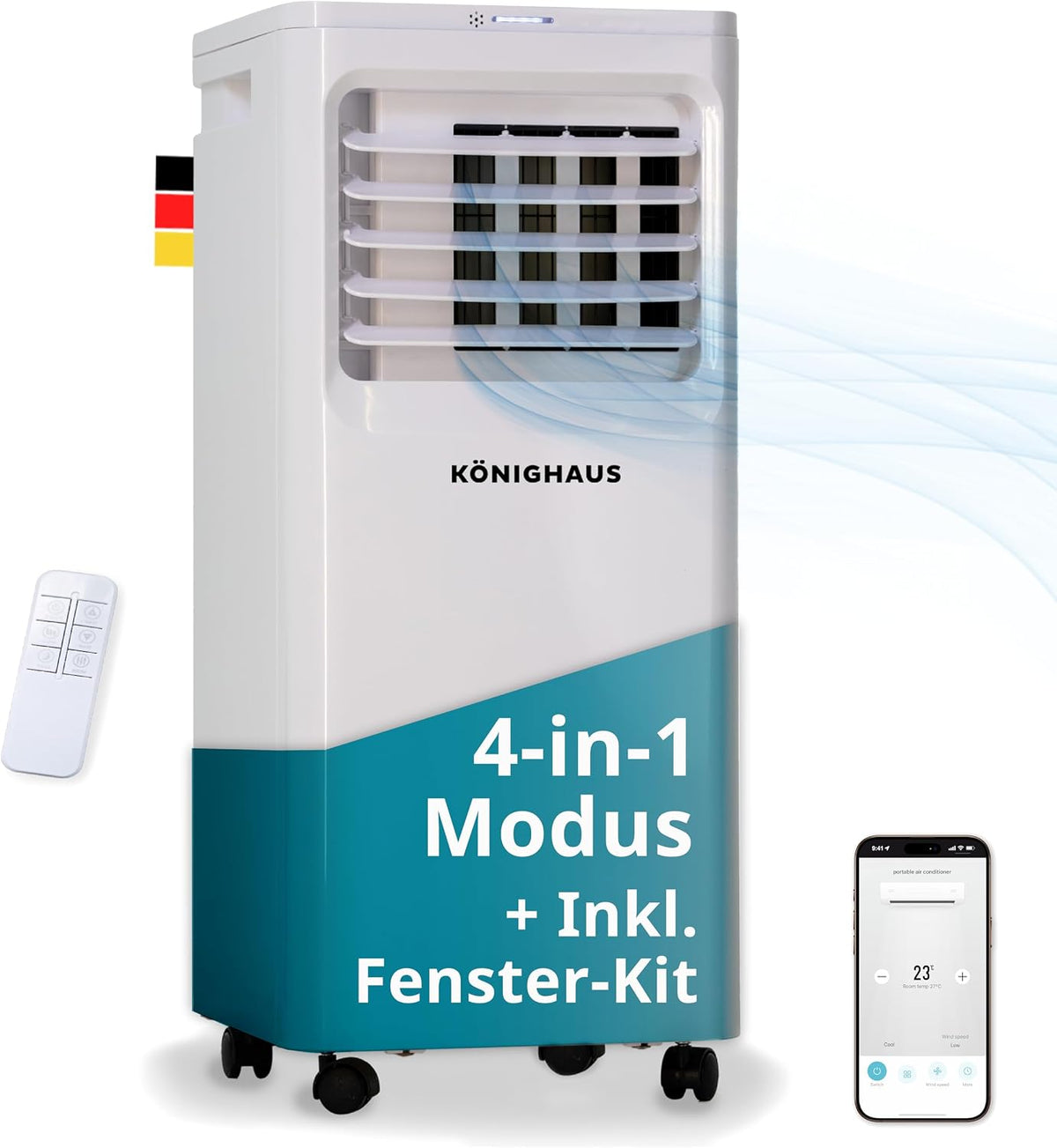 Könighaus Dunstabzugshaube, 2,1 kW, Weiß/Blau, Smarte Mobile Klimaanlage, Schnell & Leise & Effizient (A), mit Fernbedienung