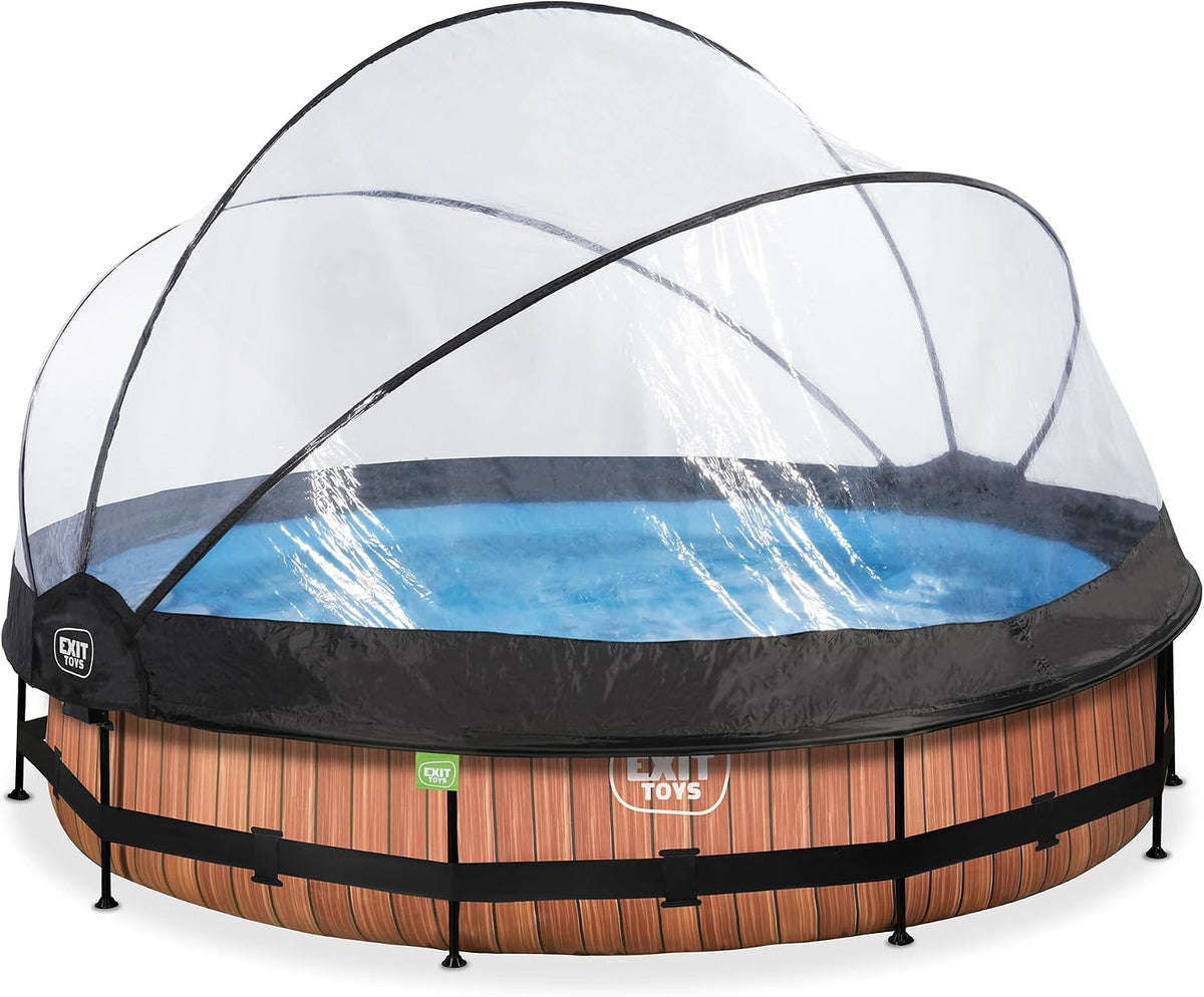 EXIT TOYS Stahlrahmenpool, 360x76 cm, Braun/Schwarz/Blau, Wood Poolabdeckung - Inklusive Filterpumpe mit Kartusche