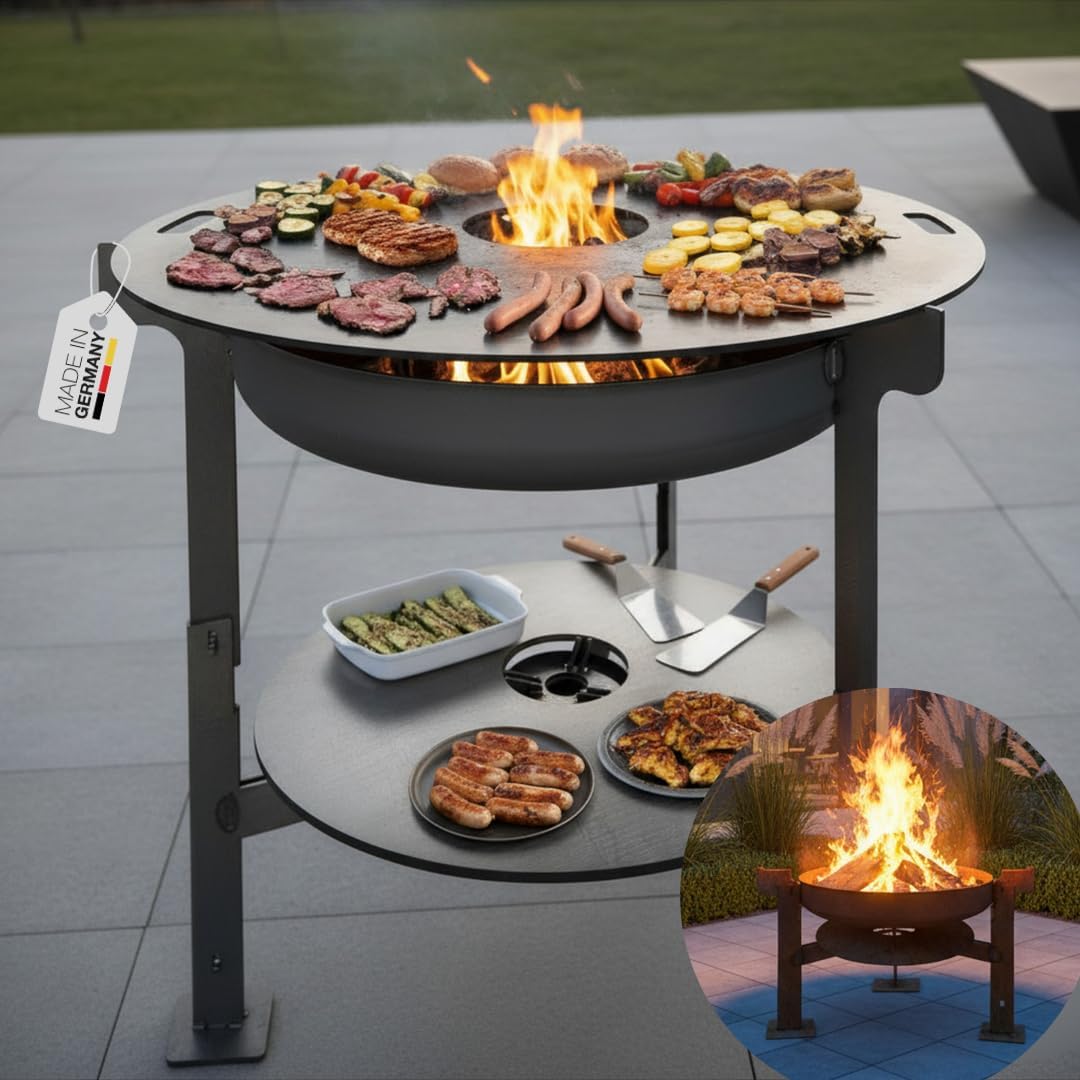 Terma Holzkohlegrill, 100 cm, Schwarz, Feuerschale mit Feuerplatte -Der Neue Grill Trend- Plancha