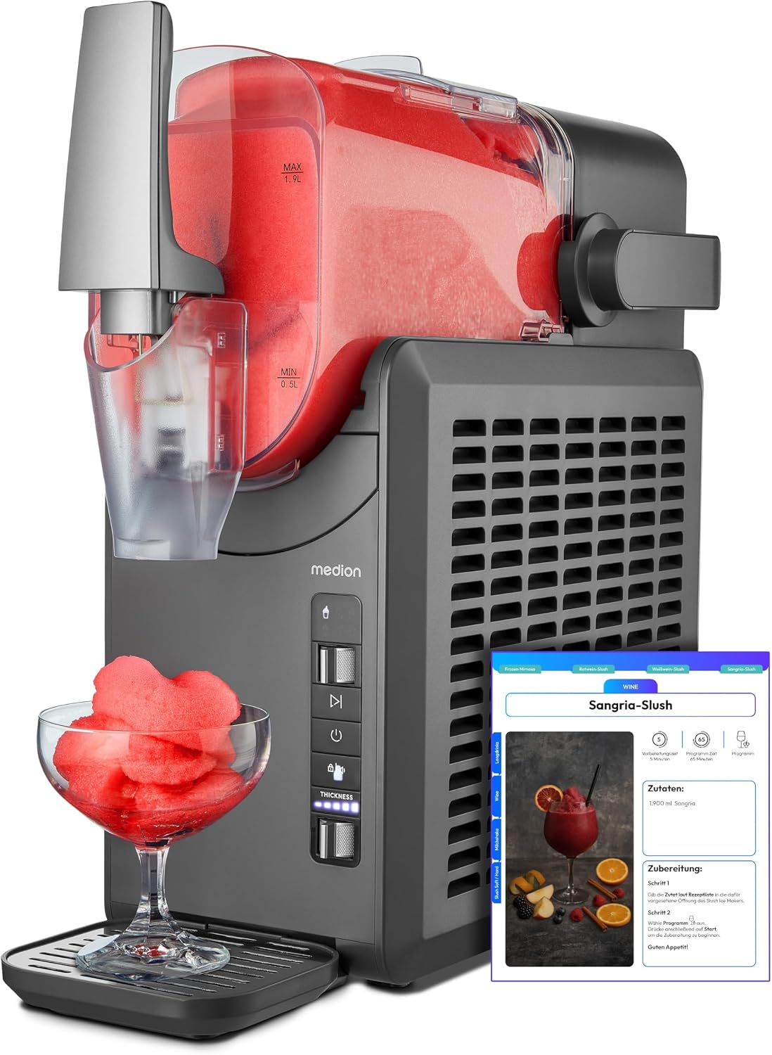 MEDION Kompressor, 2,6 Liter, 1,9 Liter, Grau/Rot, Slush Maschine ( Slush-Eis Kapazität, Fassungsvermögen, Slush Ice Maker für Getränke