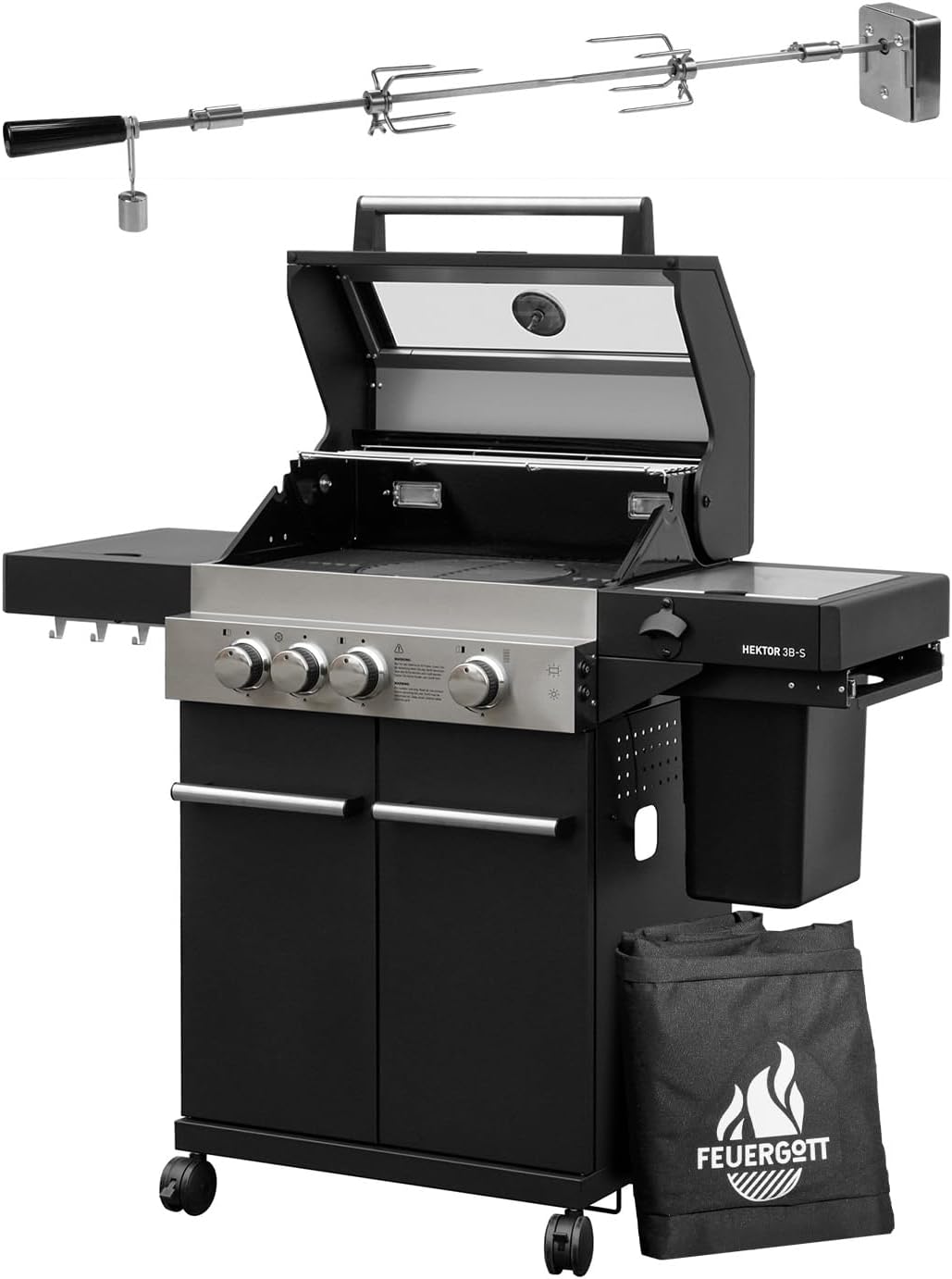 FEUERGOTT Gasgrill, Schwarz/Silber, Hektor 3B-S inkl. Drehspieß und Abdeckhaube mit 3 Brennern, Sear-Brenner, Gusseisen-Grillrost