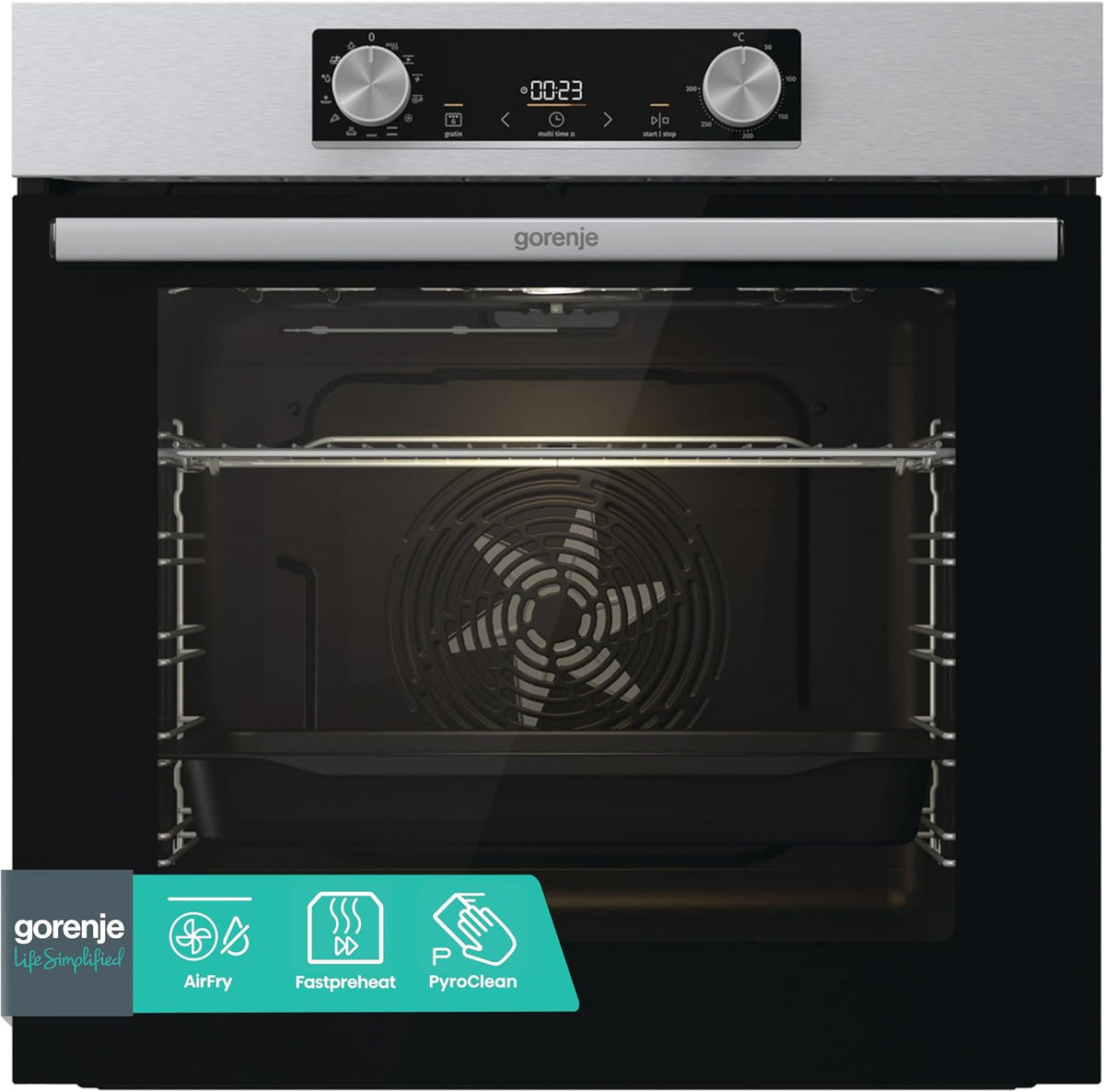 Gorenje Backofen, 77 Liter, 60CM, Schwarz/Silber, BOP6737E02XK Einbau, Heißluft, EcoClean-Email, Air Fry, Aushängbare Glas- tür