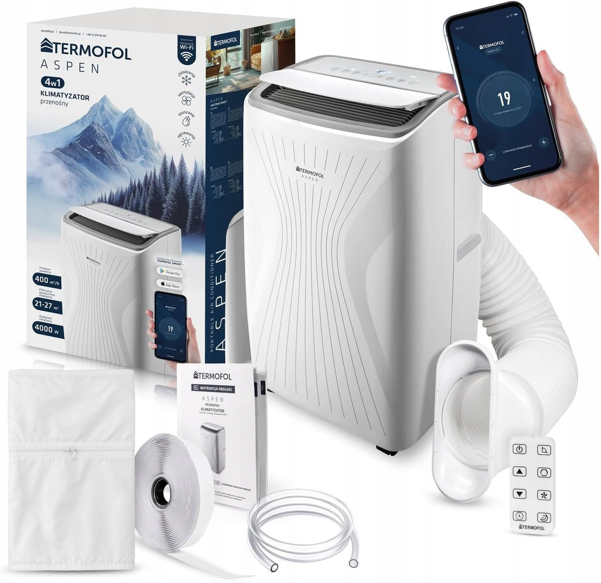 Termofol Luftentfeuchter, 4000 W, Weiß, Mobile Klimaanlage ASPEN, 4in1: Klimatisierung, Ventilator, Heizung, WLAN Fernsteuerung