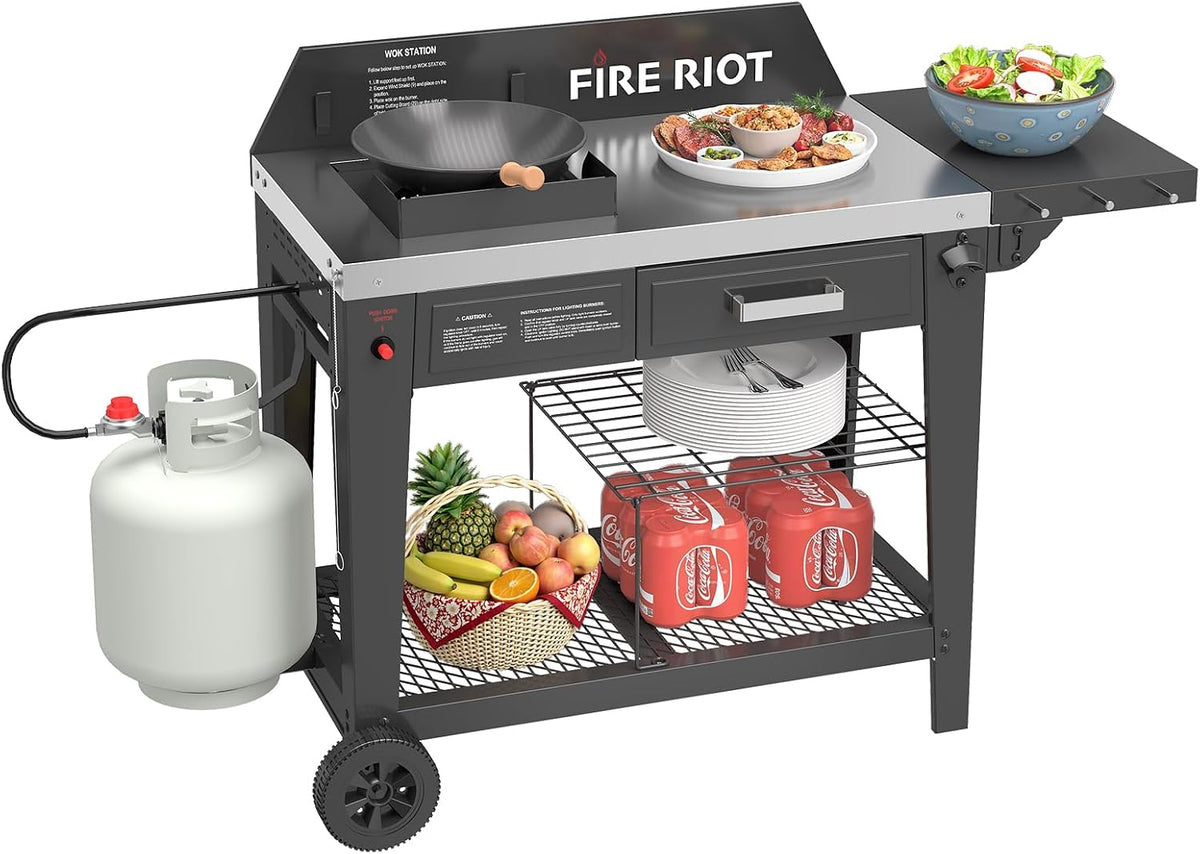 FIRE RIOT Woks, Schwarz/Silber, Robuste Outdoor-Wok-Kochstation, 50.000 BTU Wokbrenner, Hochleistungs-Wok aus Karbonstahl