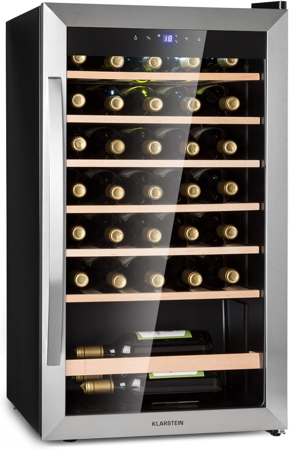 KLARSTEIN Weinkühlschrank, 36 Flaschen – 1 Zone, Schwarz/Silber, Getränkekühlschrank Schmal, Kühlschrank mit Glastür