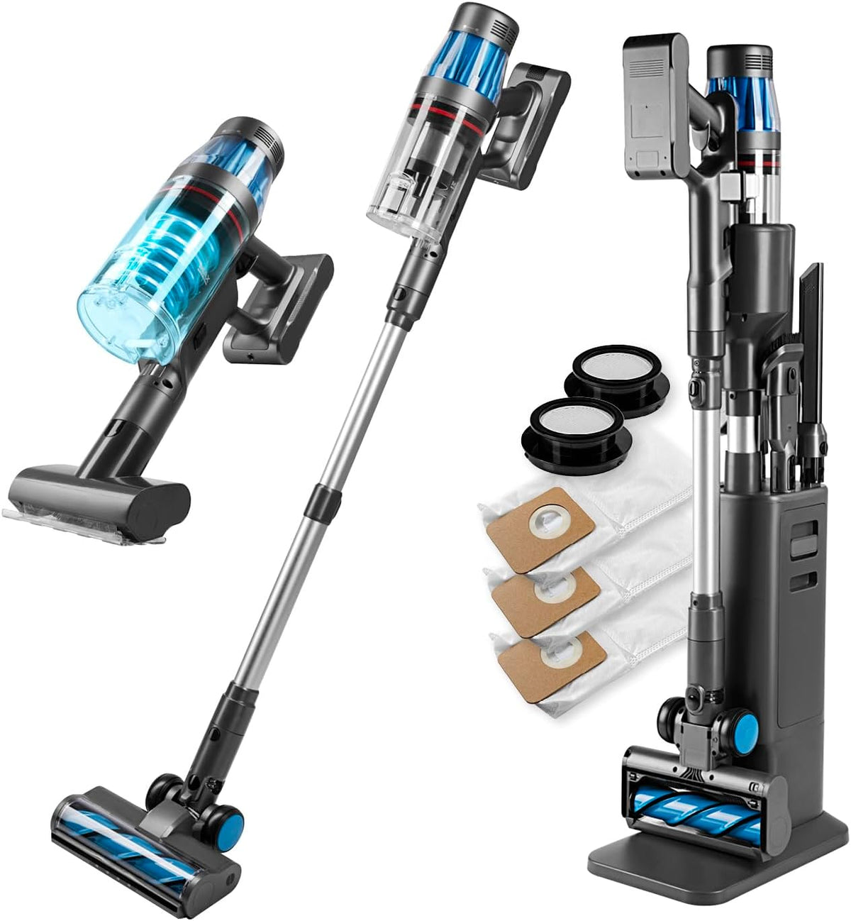 CLEANmaxx Staubsauger, 3,5 l, Grau/Blau, AeroTec 500 mit Absaugstation, Hand smart & kabellos, automatische Staubentleerung Beutel