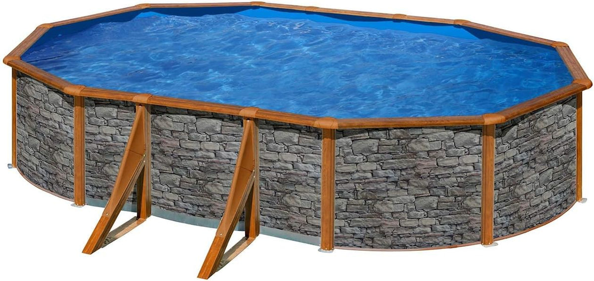 Paradies Pool Stahlrahmenpool, 375x610x120 cm, 0,4 mm, Blau/Braun/Grau, ® Gre Giant oval (Ø x H), Komplettset, Stahlwandbecken Stein/Holz