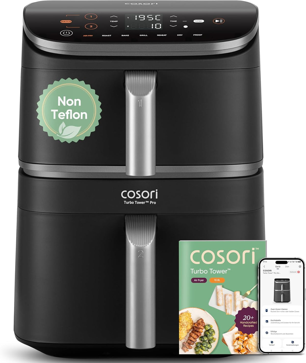 COSORI Heissluftfritteuse, 10,8 L, Schwarz/Silber, Turbo Tower Pro Smart Airfryer, Keramikbeschichtung Heißluftfritteuse