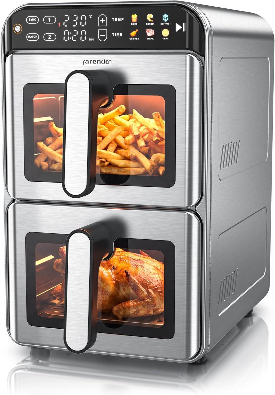 Arendo Heissluftfritteuse, 11 Liter, Silber/Schwarz, Heißluftfritteuse XXL Edelstahlgehäuse - 2 Kammern, Airfryer 2 Zonen