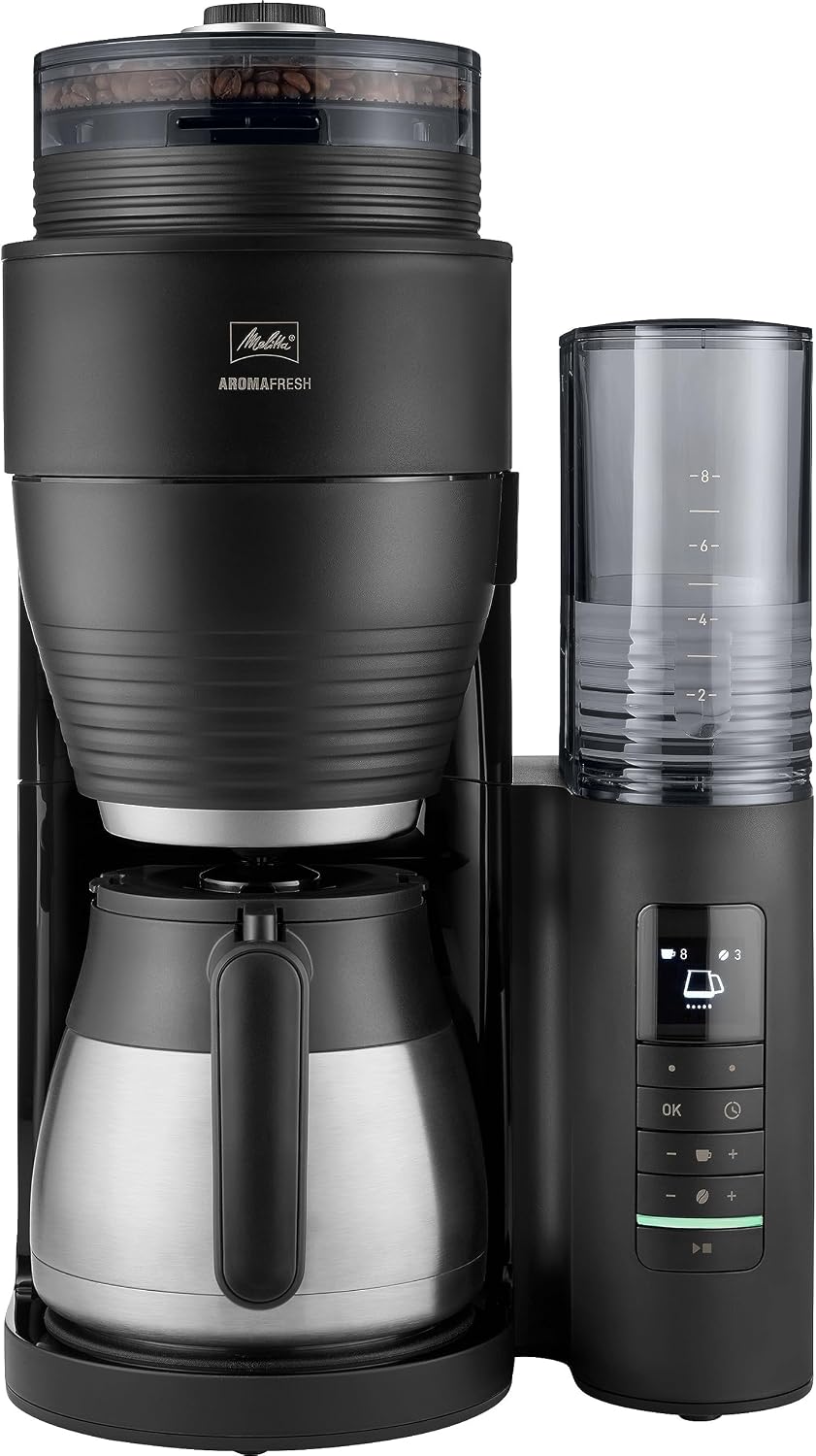 Melitta Kaffeemaschine, Schwarz/Silber, AromaFresh Therm Pro X, Filter mit integriertem Mahlwerk, entnehmbarem Wassertank