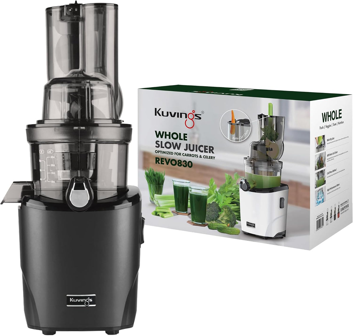kuvings Mastizier-Entsafter mit einer Schnecke, Schwarz, REVO830, Slow Juicer, Doppelte Einfüllöffnung, automatisches Schneidesystem
