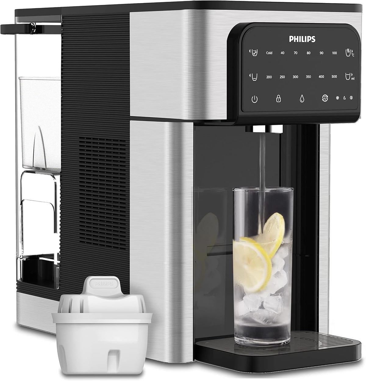 Philips Kühlschrank, 2.8 L, Silber/Schwarz, Water All-IN-ONE-Wasserstation, Dispender für gefiltertes Heiß- und Kaltwasser