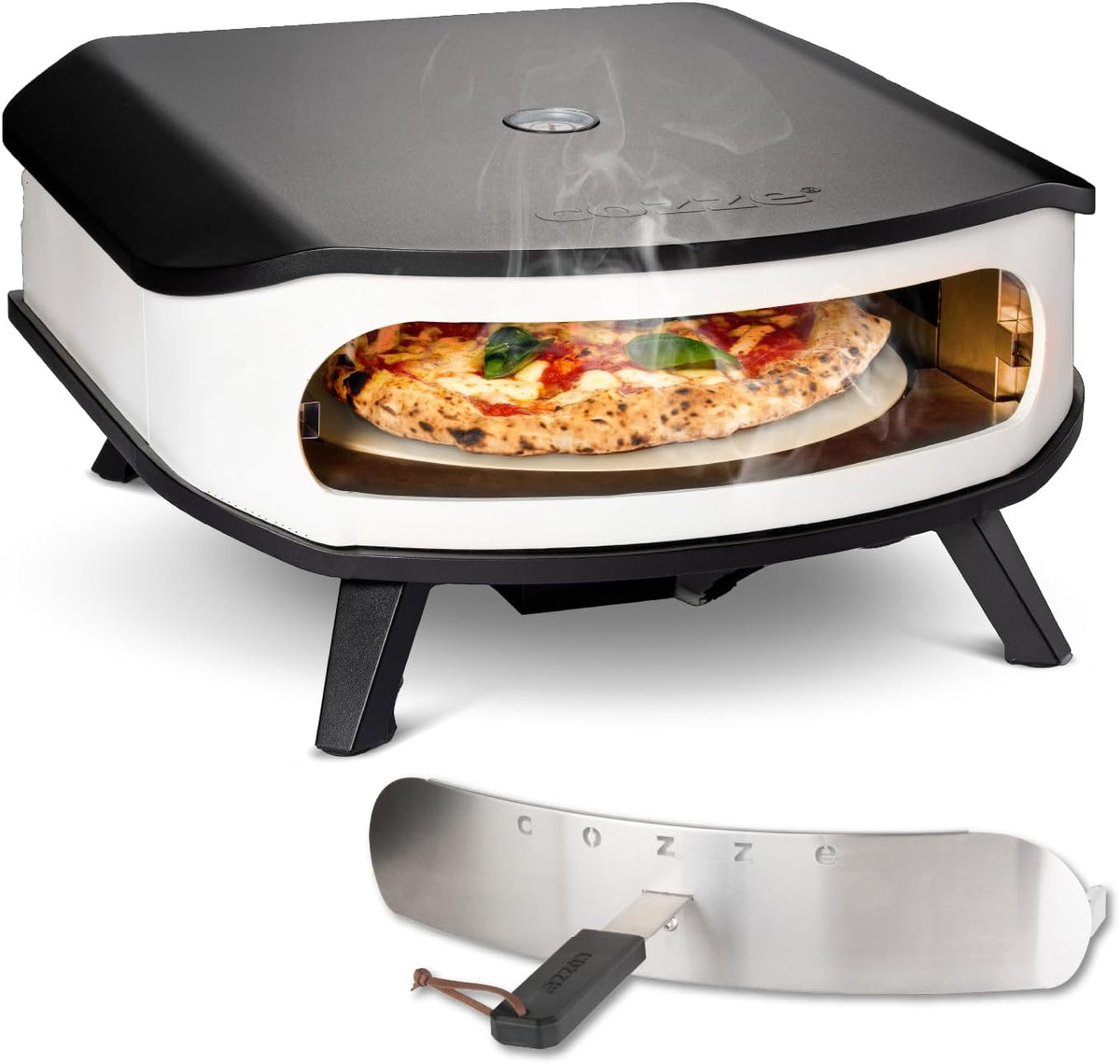 cozze Pizzaofen, 42,5 cm, 6,0 kW, 1,1 m, Schwarz/Weiß, ® 17' mit rotierendem Pizzastein, LED & Tür, Gasofen 50 mbar