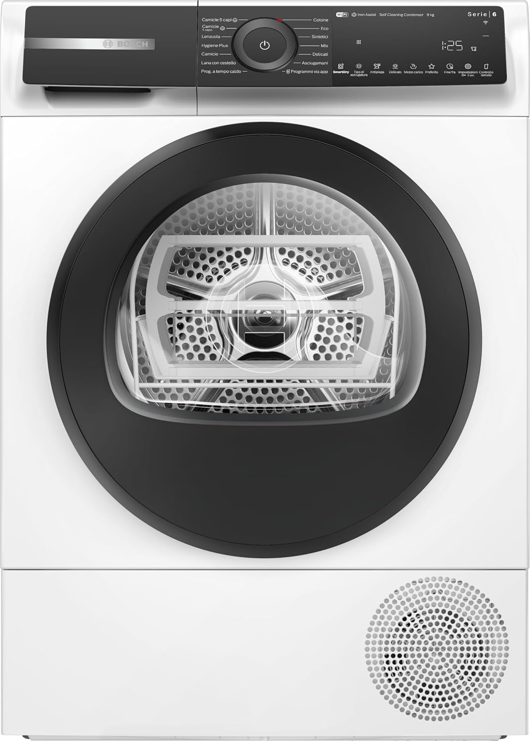 Bosch Wäschetrockner, 60 cm, 9 kg, Weiß/Schwarz, WQH245A0IT Serie 6 Smart mit Wärmepumpe, Energieklasse C, selbstreinigender Kondensator