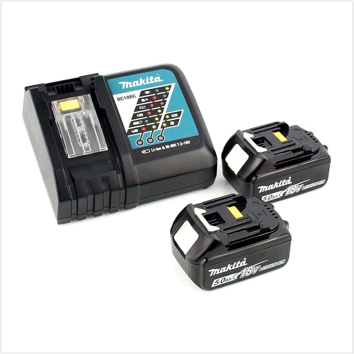 Makita Werkzeugakkus, 5,0 Ah, 18 V, Schwarz, Power Source Kit Li mit 2x BL1850B Akku + DC18RC Ladegerät