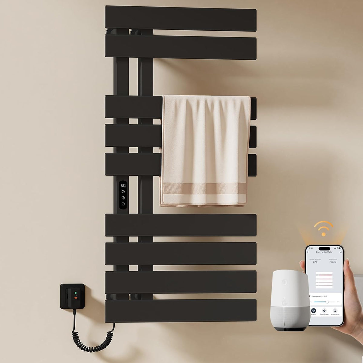 EMKE Handtuchwärmer, 500 mm, 320 W, Schwarz, Handtuchheizkörper Elektrisch 1000 x, WiFi Smart Thermostat Elektrischer Badheizkörper