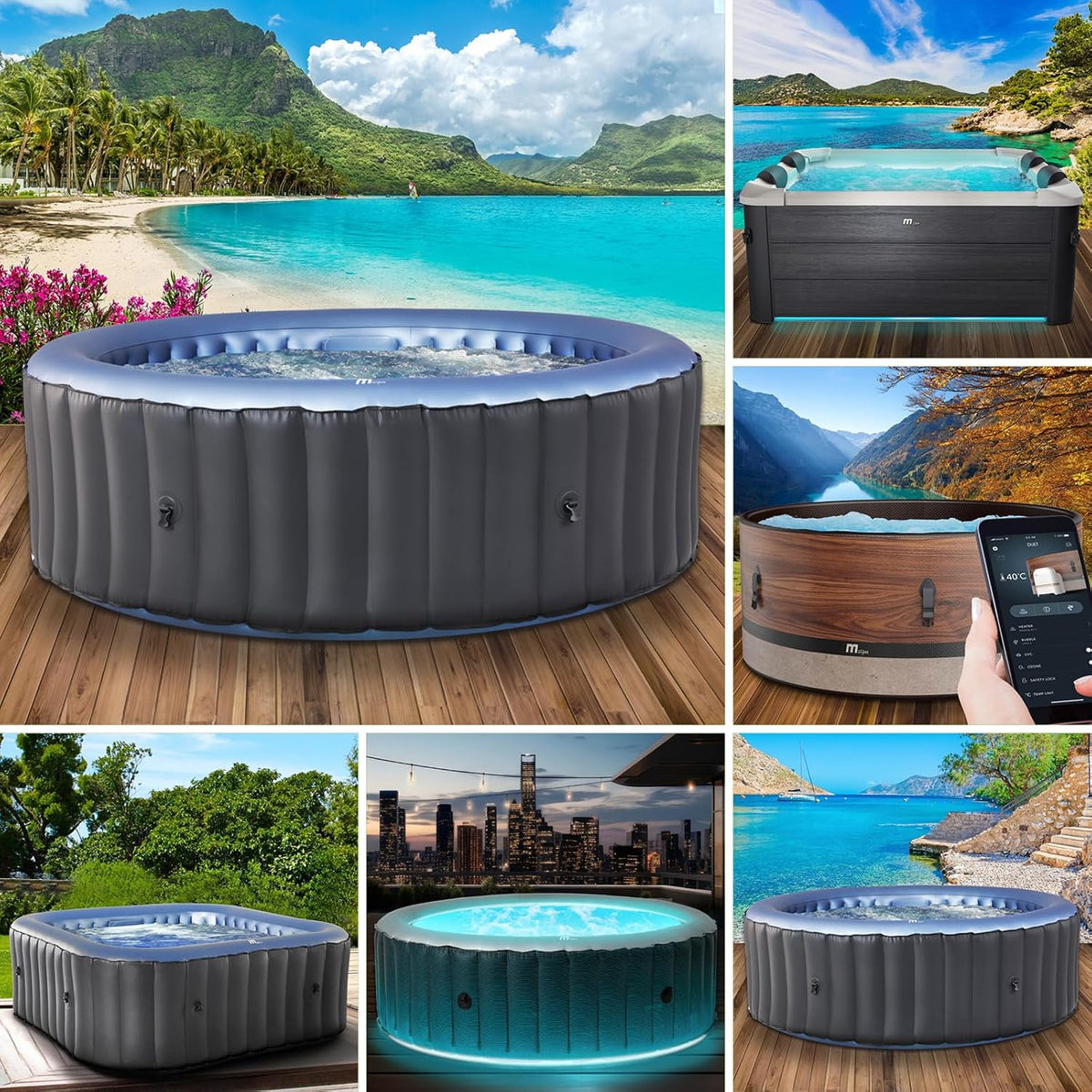 BRAST Aufblasbare Pools, 224 cm, grau/holzoptik/blau, Whirlpool aufblasbar MSpa, 4-8 Personen, viele Modelle rund und eckig