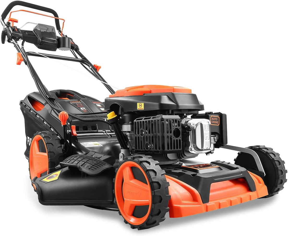 Fuxtec Rasenmäher, 51 cm, 60 L, schwarz/orange, Gartenmäher, 4in1 Benzin FX-RM5196eSPRO mit E-Start und regulierbarem
