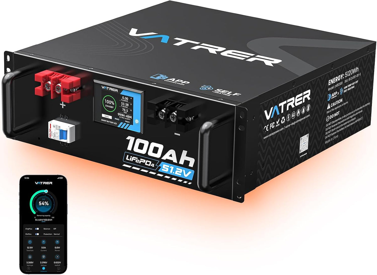 VATRER POWER Deep-Cycle-Batterien, 5,12 kW, 51.2 V, 100AH, Schwarz/Rot, Selbstheizender LiFePO4 Batterie, 100A BMS
