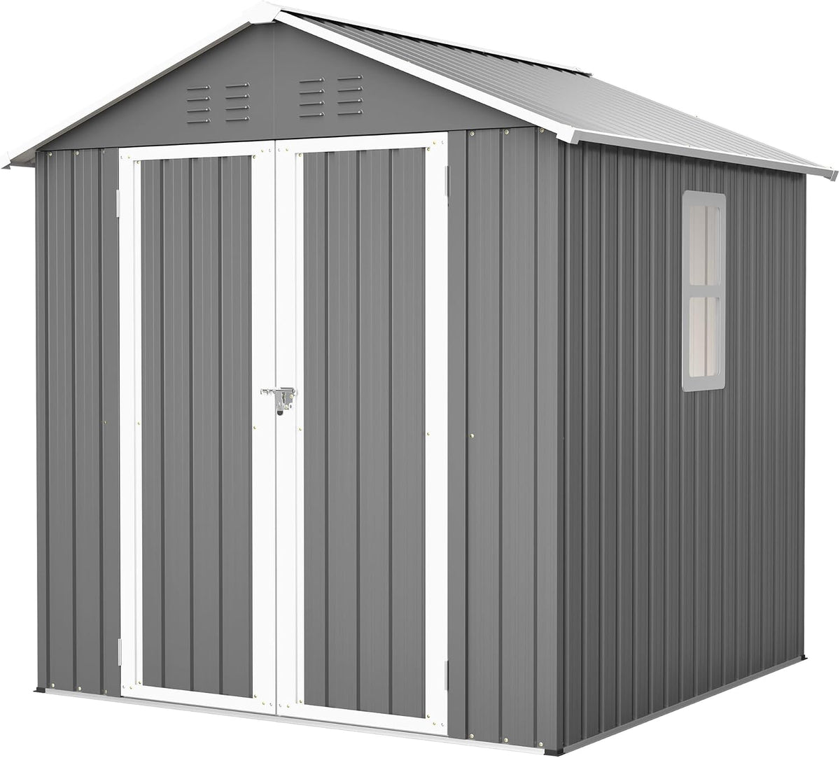 Gerätehaus GIHAUVIA, 170×170×191 cm, Grau/Weiß, Metall, Gartenhaus mit Fenster & Fundamentrahmen, Wetterfester Geräteschuppen aus verzinktem Stahl