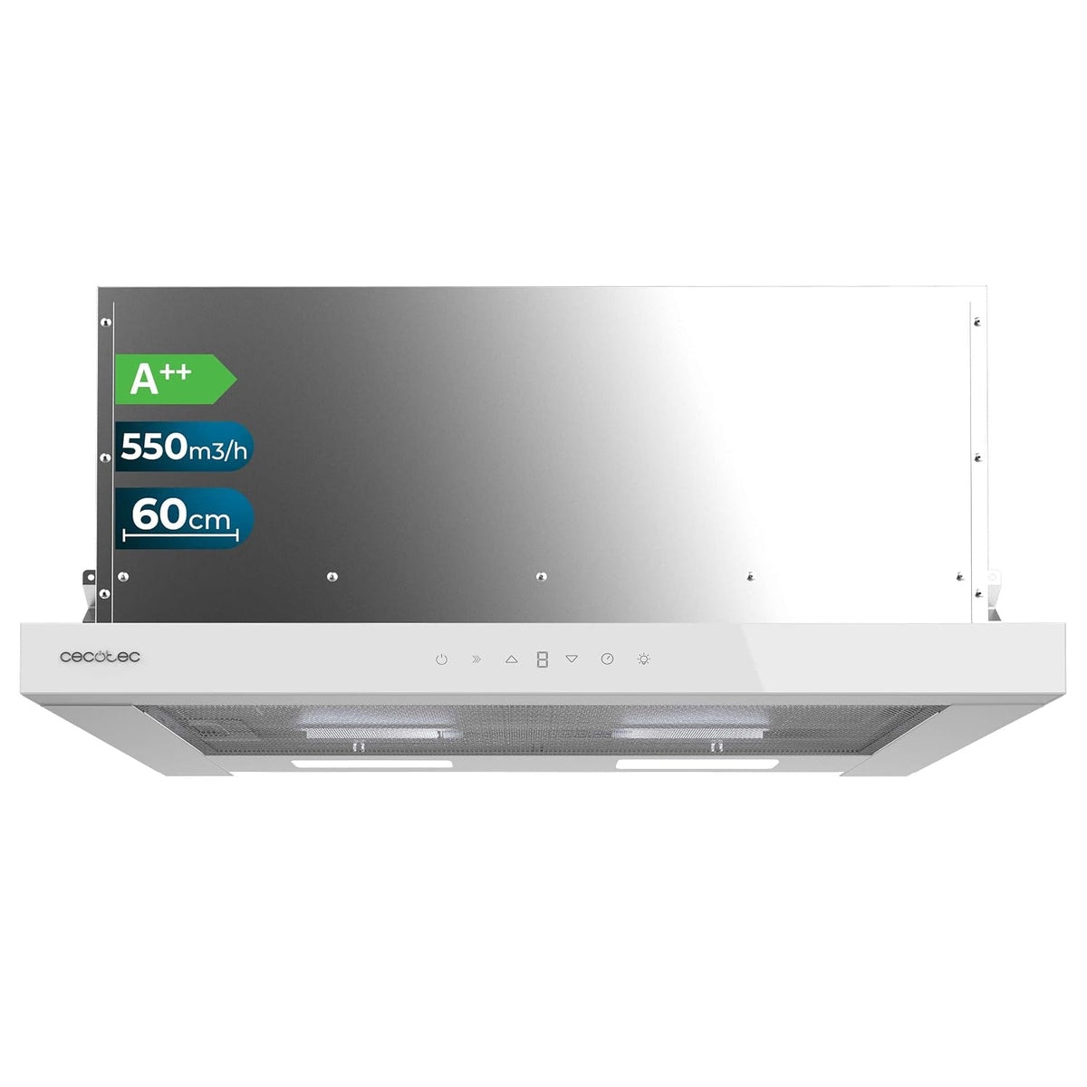 Cecotec Dunstabzugshaube 90 cm Flux TT 905500 Schwarzglas A++. 70 W, Frontglas in Schwarz, Niedriger Energieverbrauch, Absaugung 550 m³/h