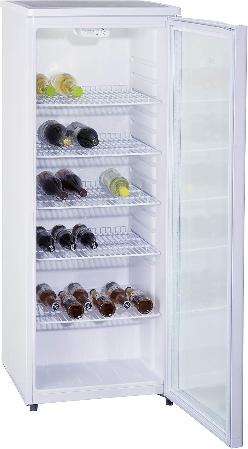 PKM Getränkekühlschrank, 143 x 55 cm, Weiß, GKS255 Flaschenkühlschrank, Glasfront, Freistehend, 5 Ablagen