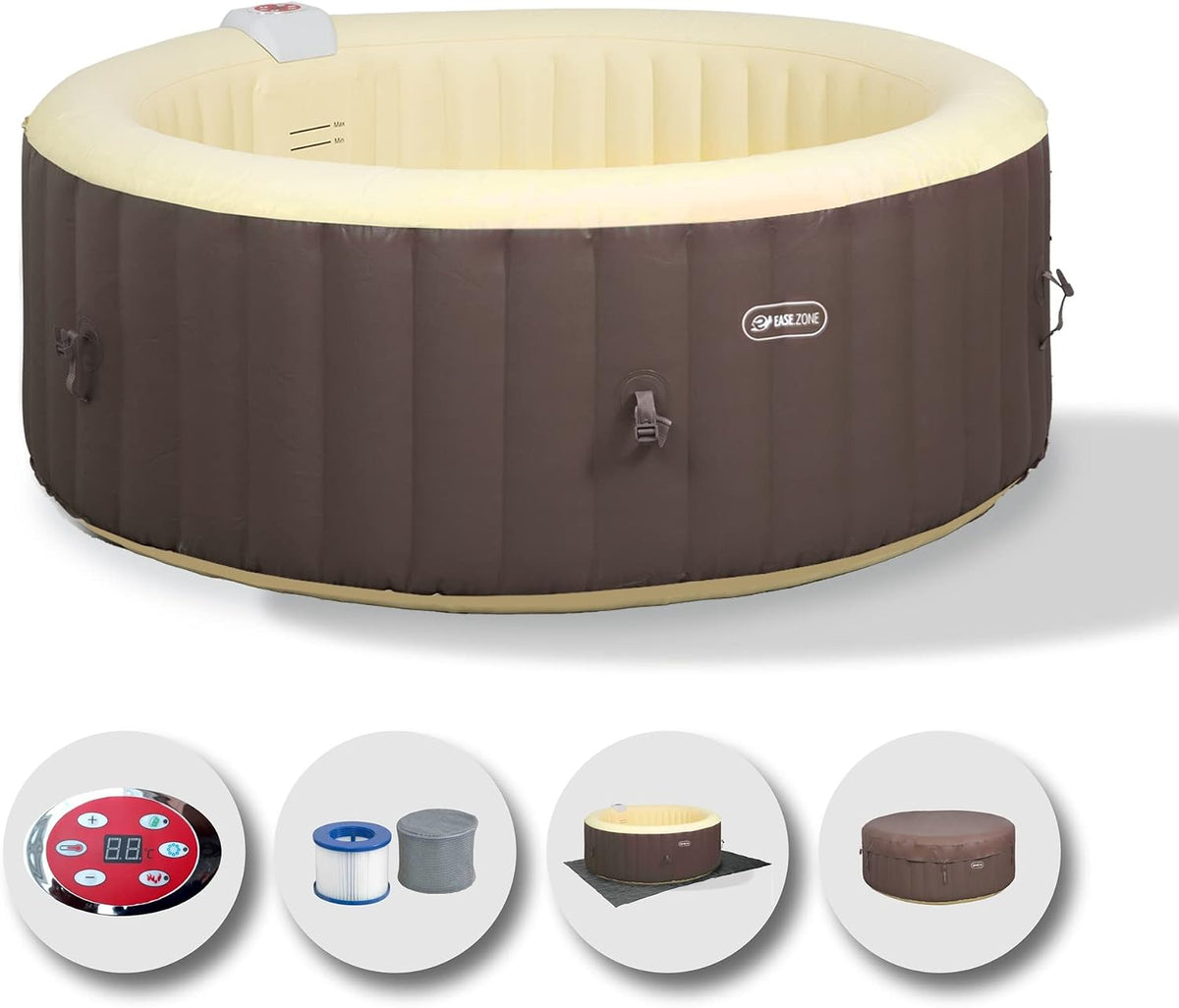 EASE.ZONE Badewannen mit Sprudelfunktion, 180 x 180 x 65 cm, Braun/Beige, Spa aufblasbar beheizt, 800 Liters, Schwarz