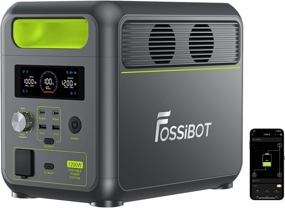 FOSSiBOT Powerstation, 1024 Wh, 1200 W, 2400 W, 100 W, Grau/Schwarz/Grün, Solargenerator