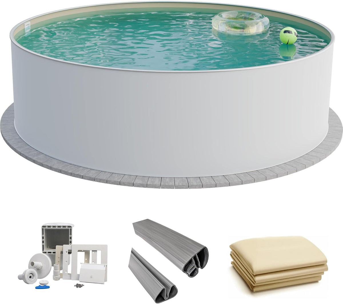 Fresh-Pool Stahlrahmenpool, 350x120 cm, 0,6 mm, 0,8 mm, Weiß/Sand, Profi Stahlwand Set rund, Stahl weiß, Folie Sand