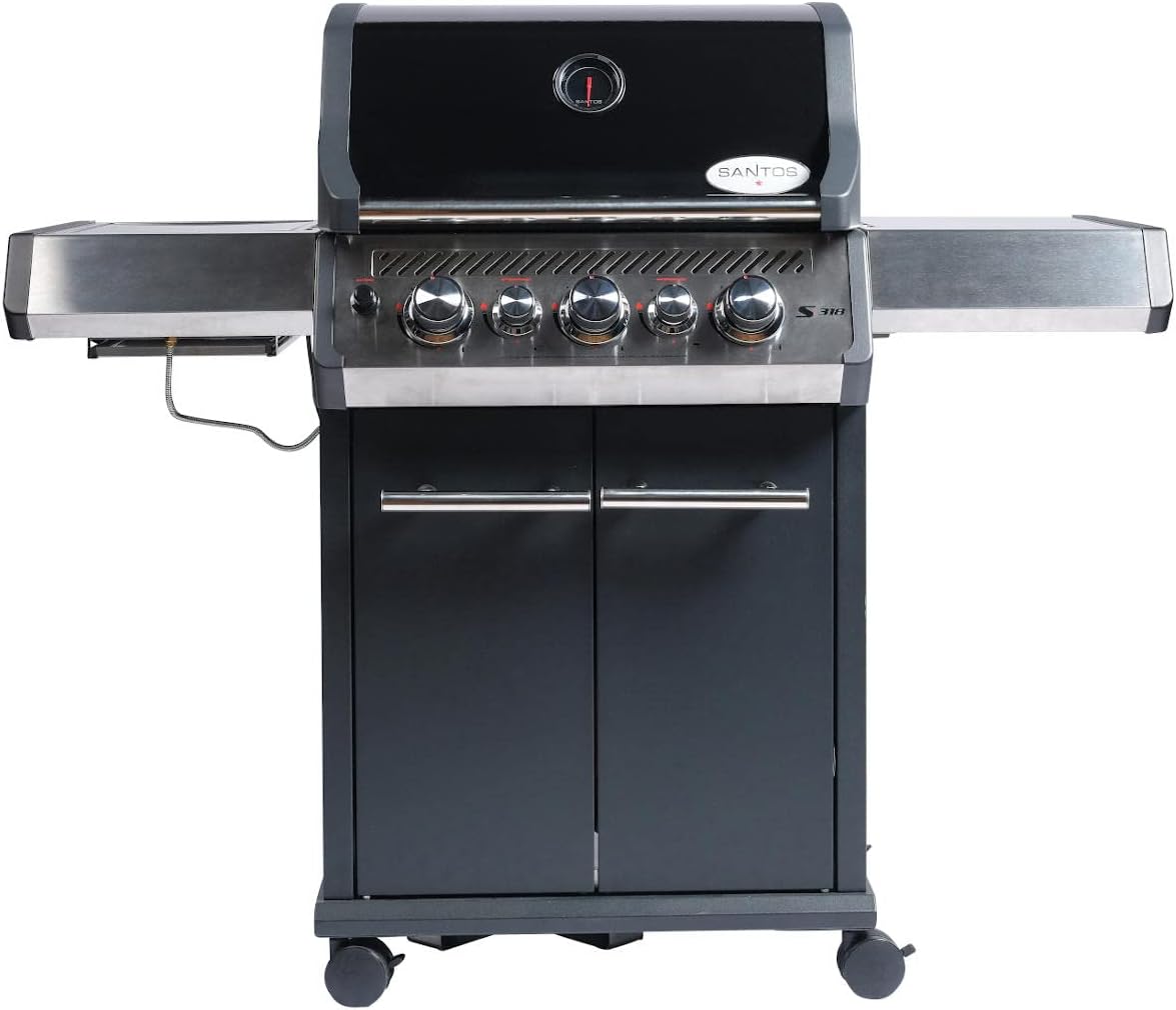 SANTOS Gasgrill, Schwarz/Silber, S-318 schwarz - 3 Hauptbrenner, 800 °C Grillzone, Heckbrenner/Backburner, Gussgrillroste - inkl. Drehspieß