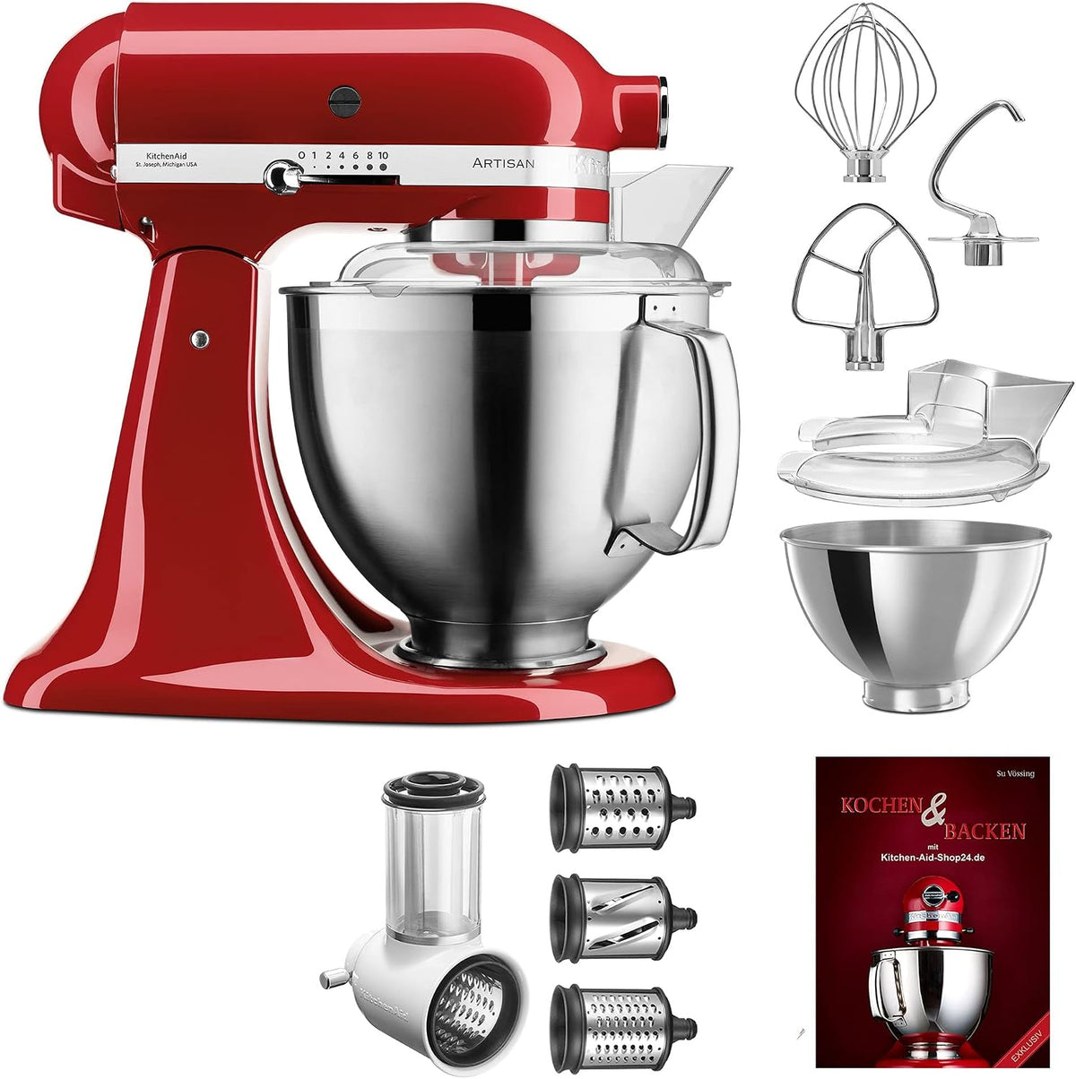 KitchenAid Artisan Küchenmaschine Starter Paket 5KSM175PSEPT inkl. Gemüseschneider Fleischwolf und vielem Zubehör (Pistazie), Rot/Silber
