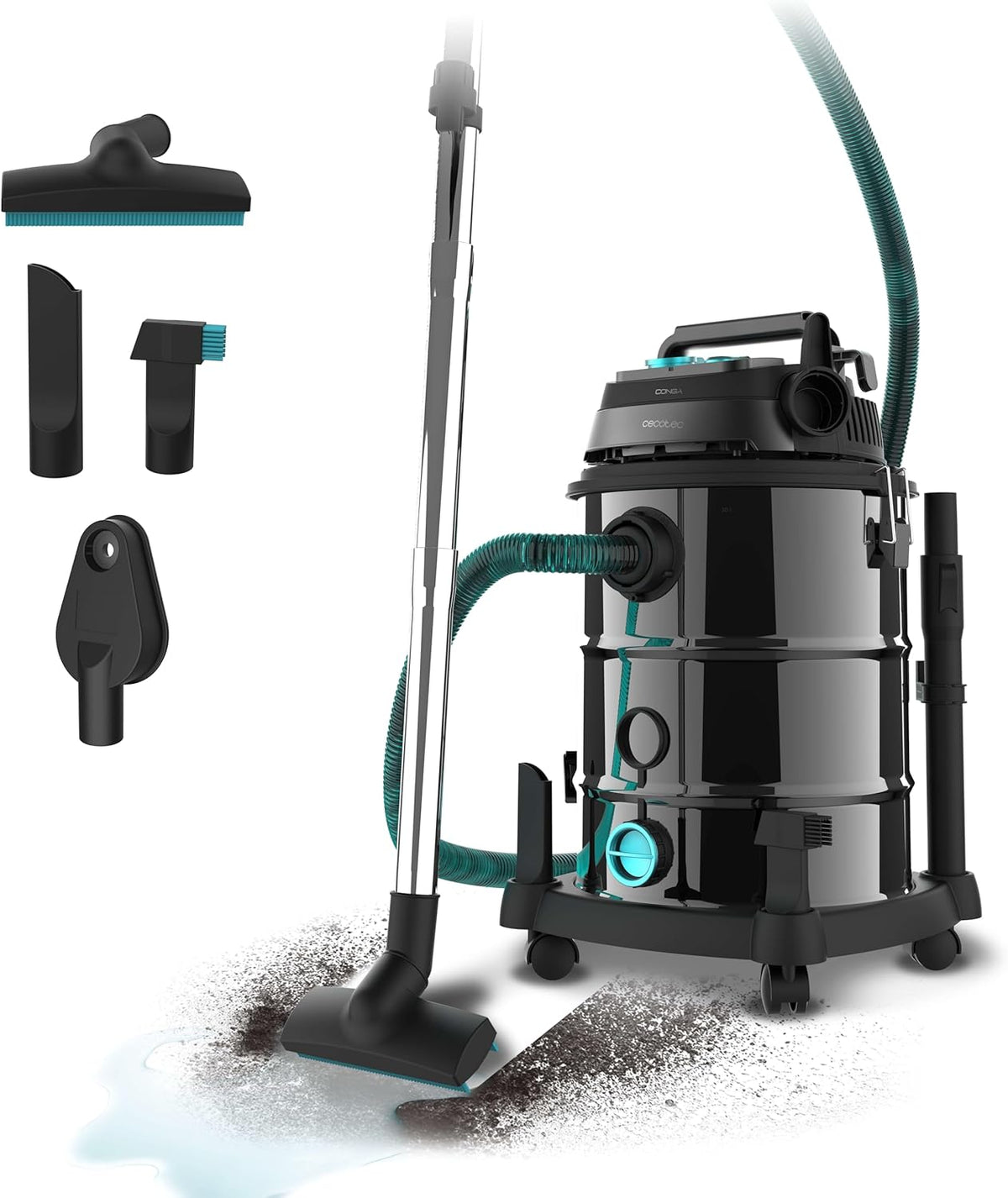 Cecotec Staubsauger, 1600 W, 30 L, Schwarz/Türkis, für Feste Stoffe und Flüssigkeiten Conga Rockstar Wet & Dry, enthält Steckdose für Werkzeuge