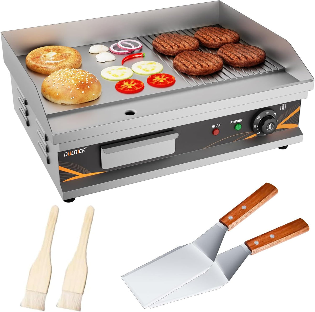 DULNICE Elektrogrill, 3000 W, 54 cm, Silber/Braun, Kommerzieller Grillplatte Elektrisch, Gerillt & Flache Oberseite Edelstahl Elektrische