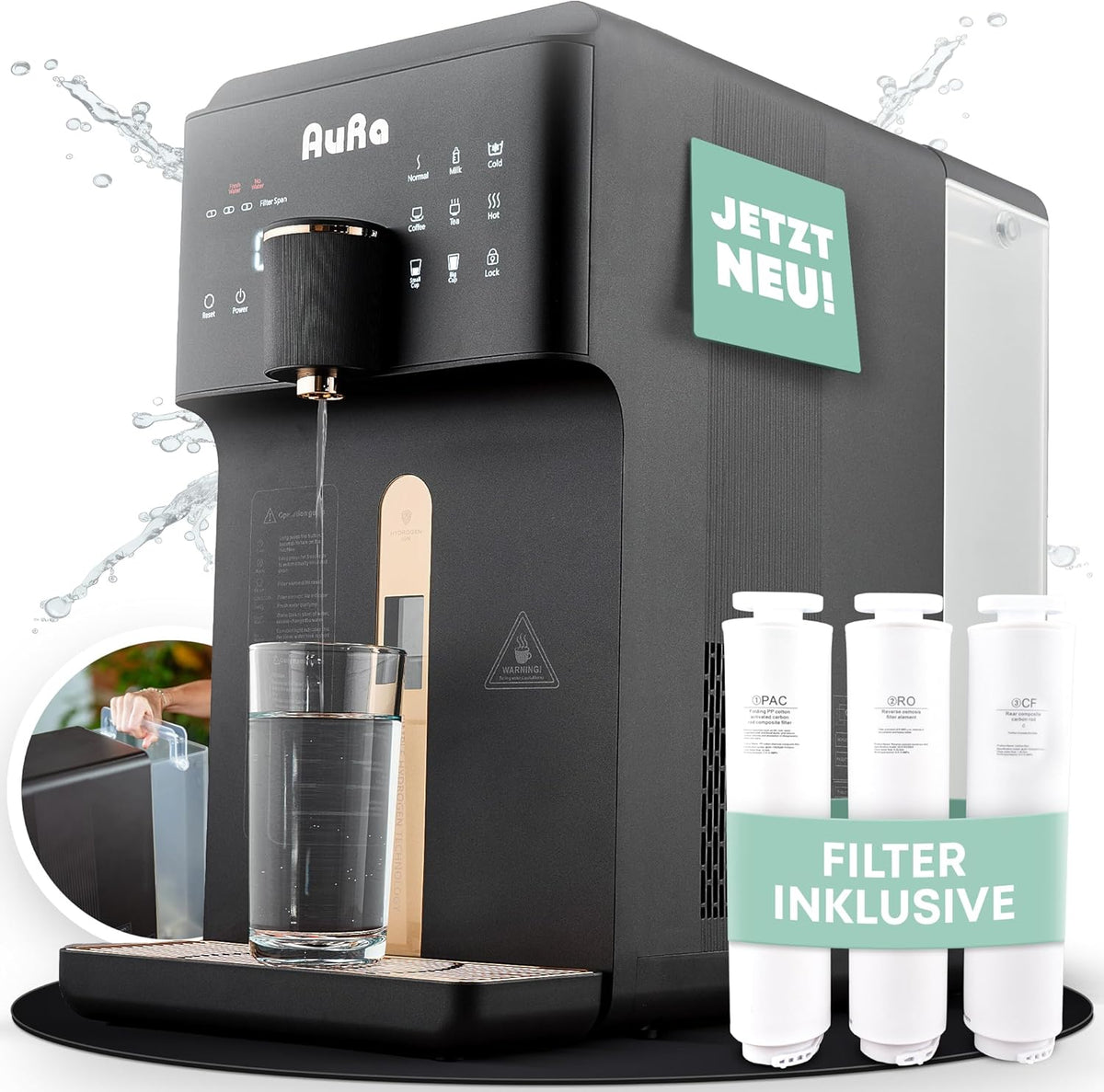 Aora Powerstation, 6 L, Schwarz/Weiß, AuRa Osmoseanlage Trinkwasser [ ] - Wasserfilter für reines, Heißwasserspender & Wasserstoff-Wasser Spender